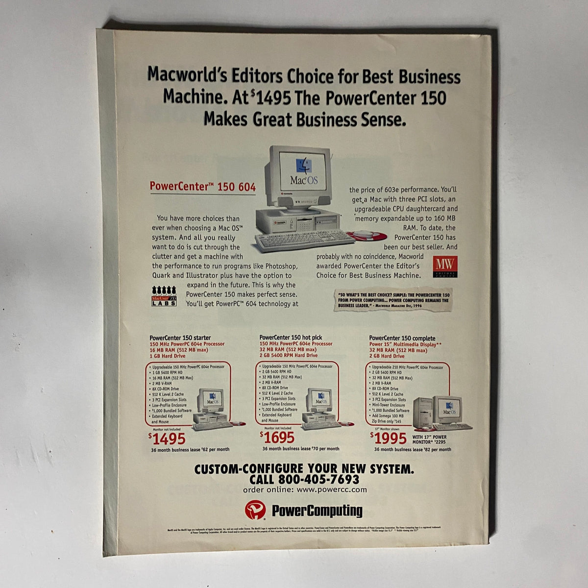 Vintage advertisement for PowerCenter 150, featured in Mac User Magazine June 1997, showcasing its specifications and pricing for desktop publishing solutions.