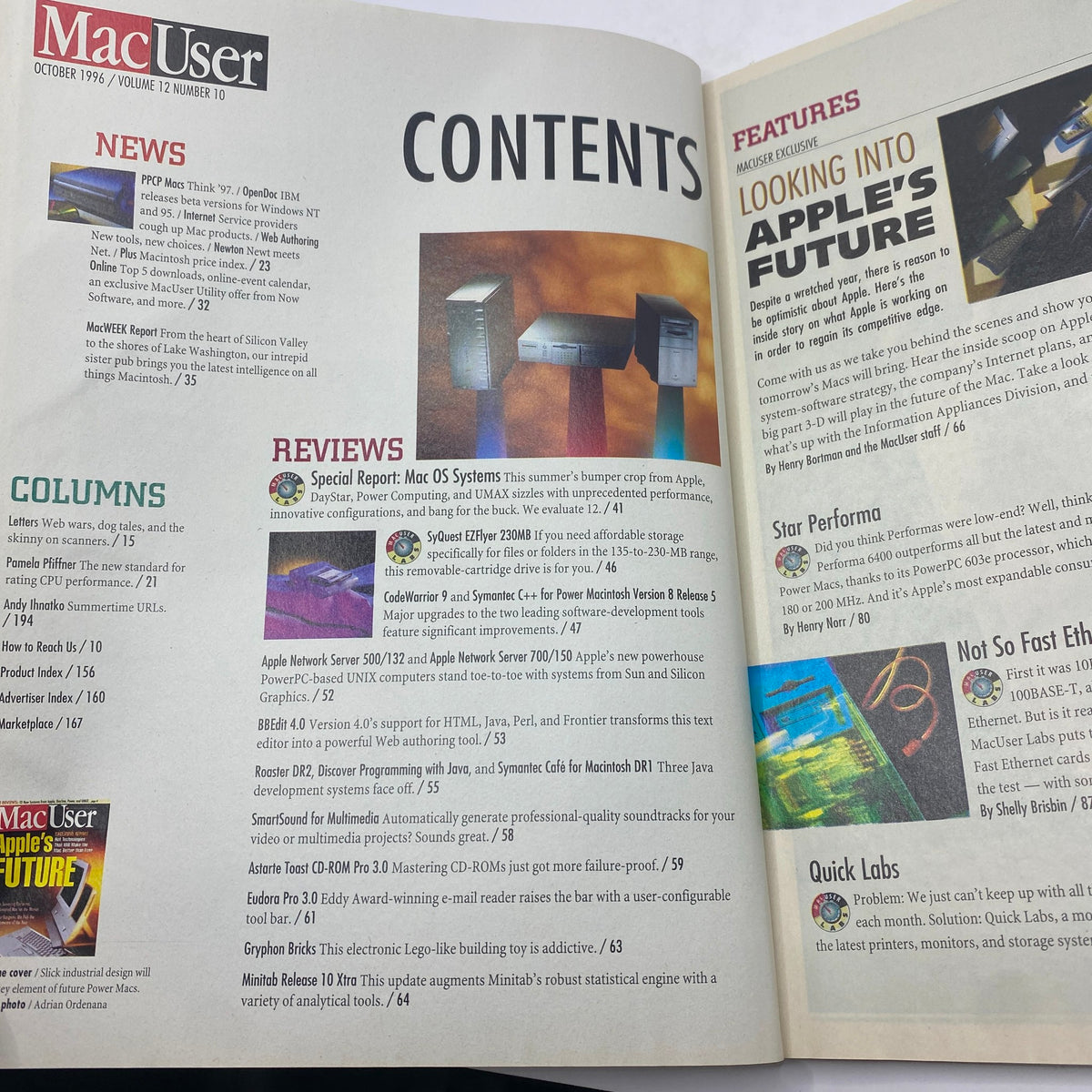 Contents page of Mac User Magazine October 1996, showcasing sections and articles, including features on Apple's future and reviews of Mac systems.