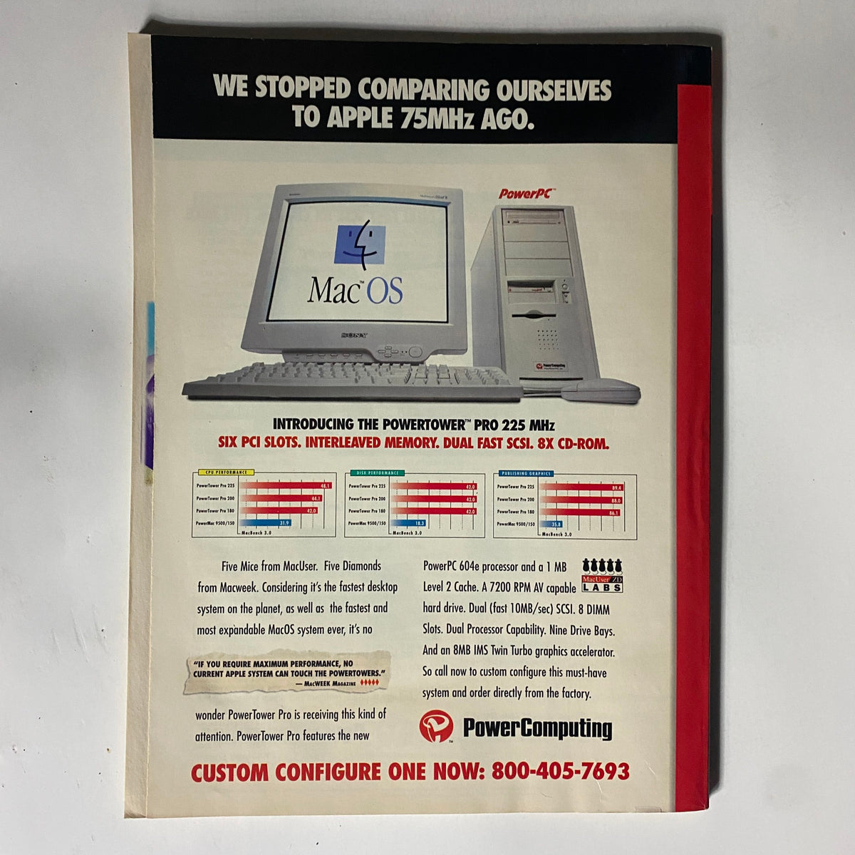 Advertisement page from Mac User Magazine October 1996 introducing the PowerTower Pro 225 MHz, detailing its specifications and features, reflecting on Apple comparisons.
