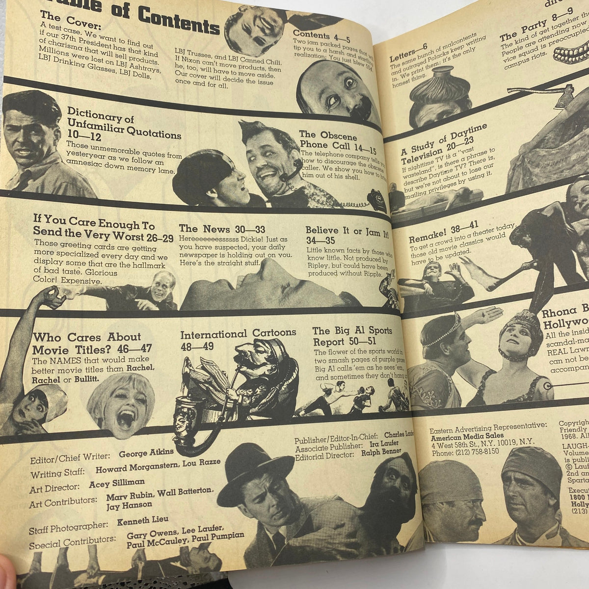 Table of contents from the VTG Laugh-In Magazine May 1969, listing features such as 'The Obscene Phone Call' and 'Believe It or Jam It!', with accompanying vintage illustrations.