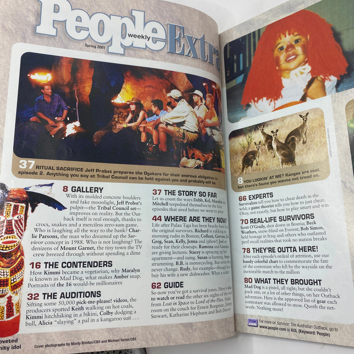 Inside pages of People Weekly Extra Magazine Spring 2001 All About Survivor, showcasing articles and visuals related to Survivor, including cast members and segments.