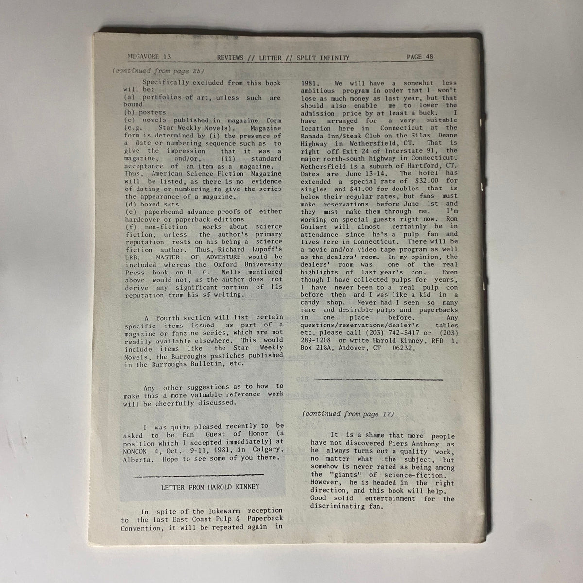 Another interior page from Megavore The Journal of Popular Fiction 1981 #13 containing letters and editorial notes on vintage literature.