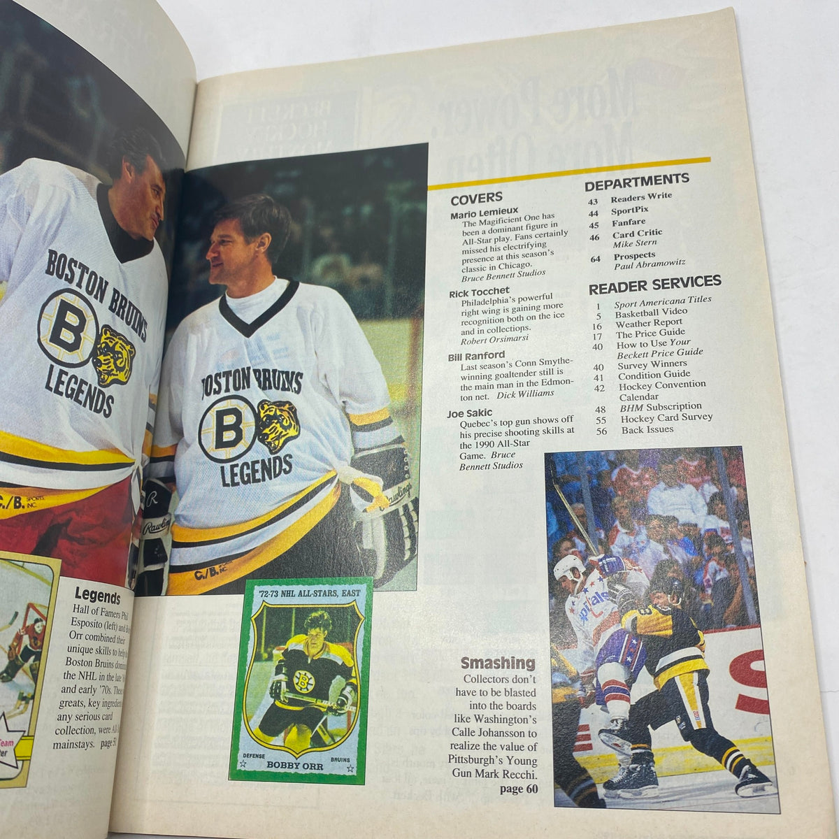 Interior page of Beckett Monthly Magazine February 1991 featuring Mario Lemieux on the cover, discussing Rick Tocchet and other NHL legends.
