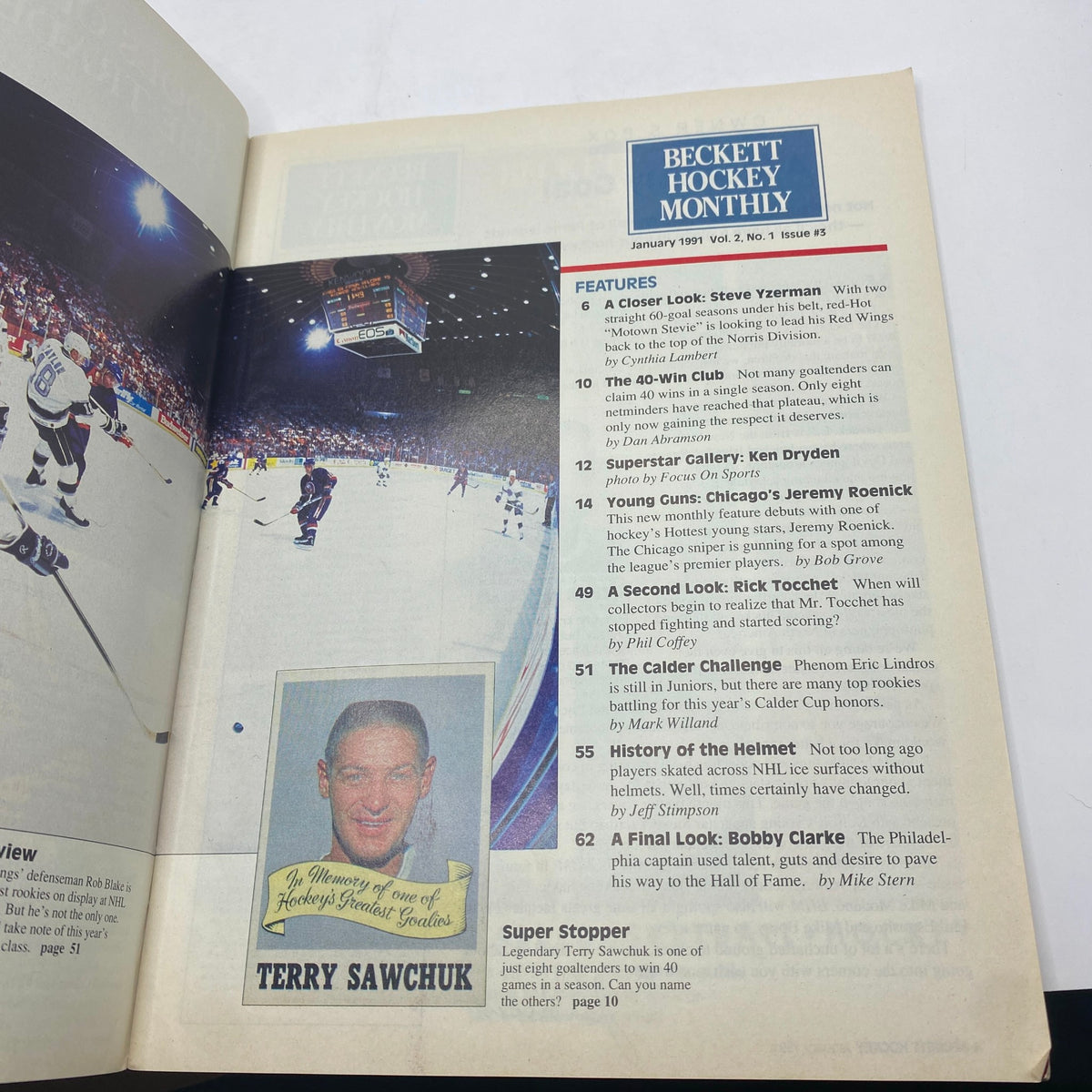 Another interior page from Beckett Hockey Monthly Magazine January 1991 #3 showcasing articles on hockey features including Steve Yzerman.