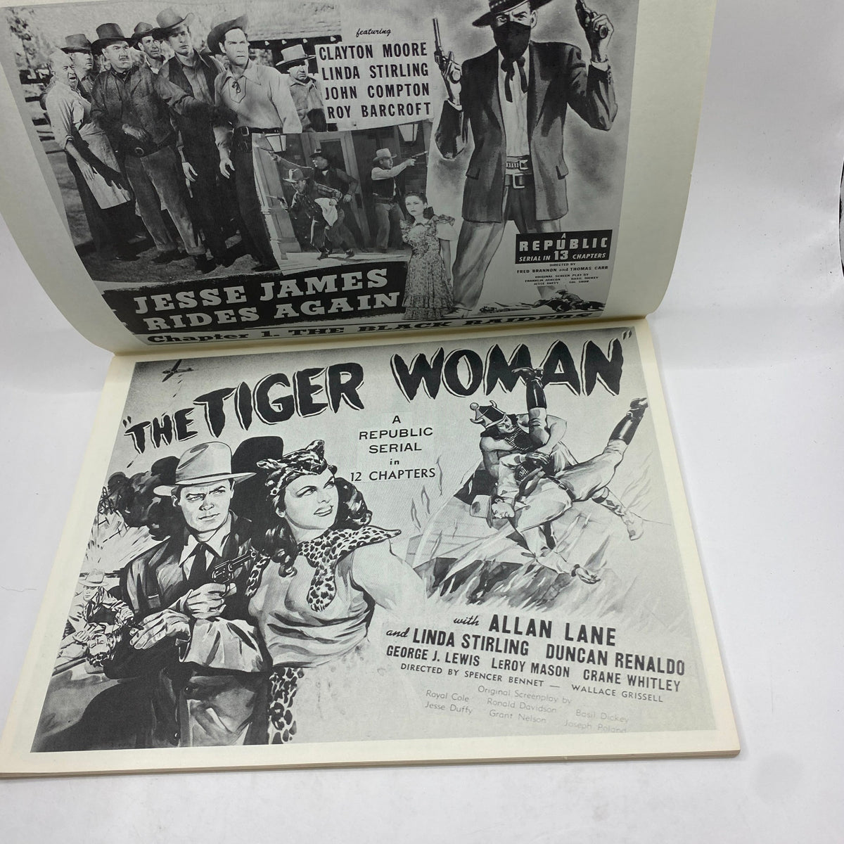 Interior page of VTG 1971 The Spider Returns Magazine showcasing an advertisement for the serial 'The Tiger Woman' from a Republic serial with captivating images and text.