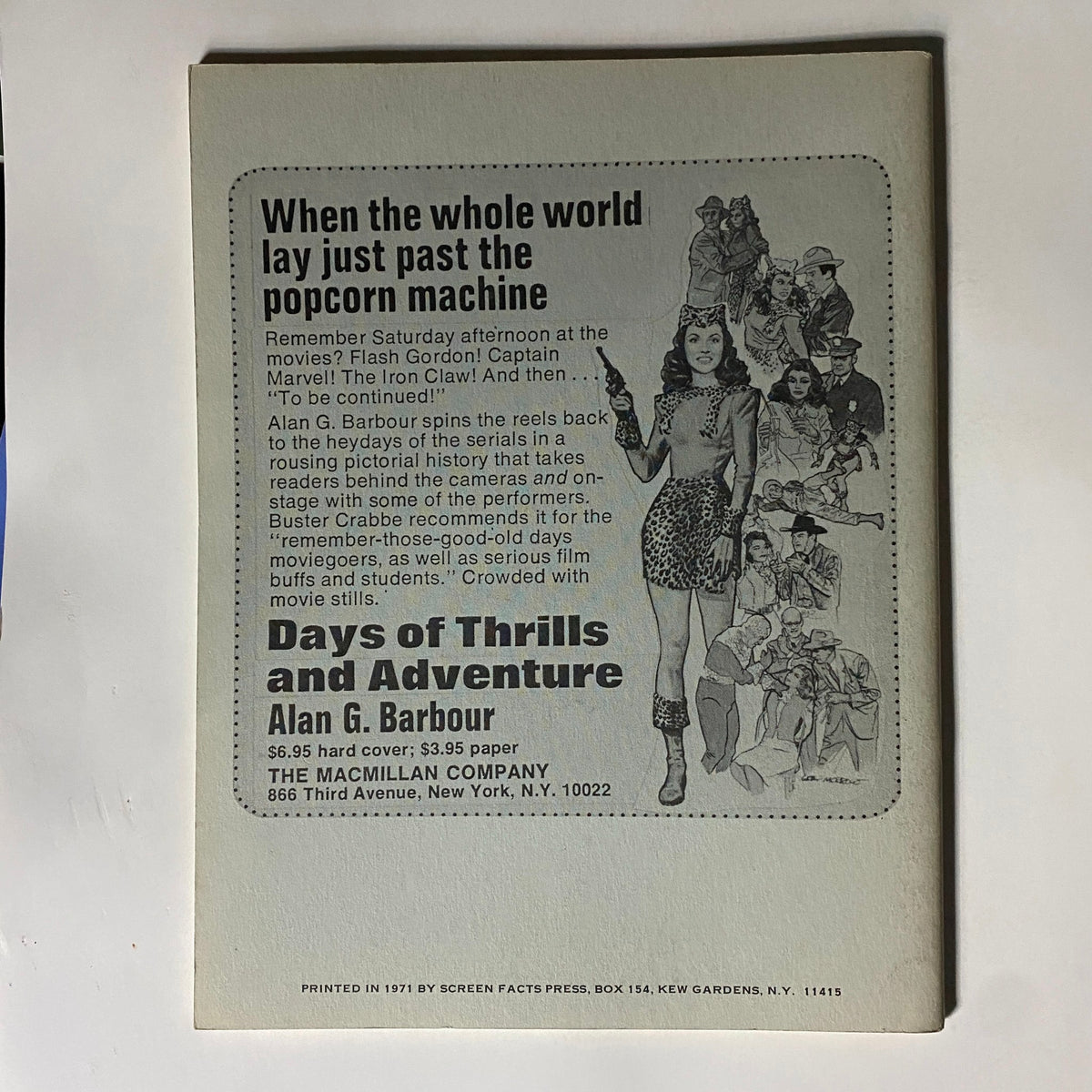 Back cover of VTG 1971 The Spider Returns Magazine featuring an article titled 'Days of Thrills and Adventure' by Alan G. Barbour, highlighting classic movie serials and performers from the era.