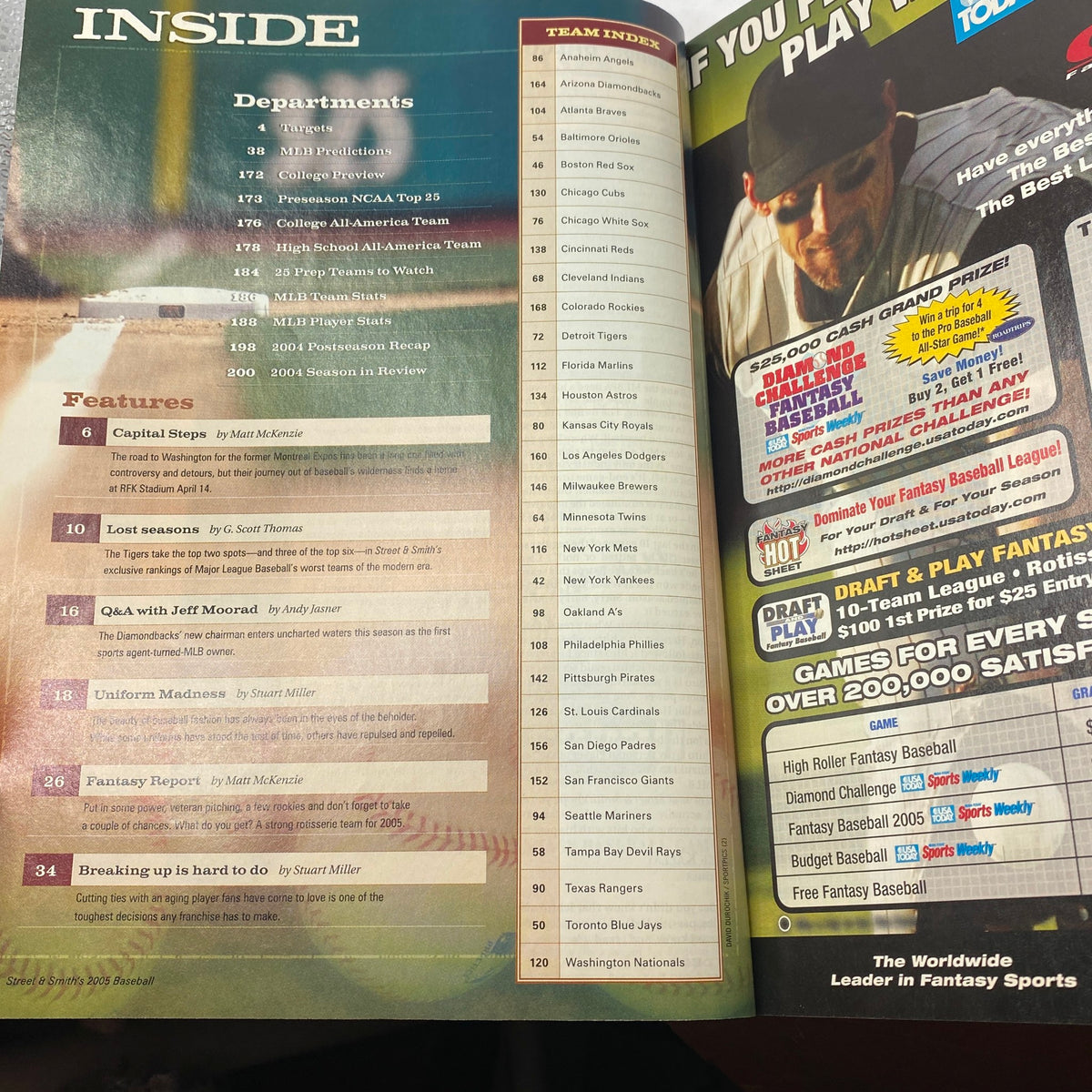 Inside view of Street & Smith's Baseball 2005 Yearbook, detailing team sections and features relevant to the 2005 season.