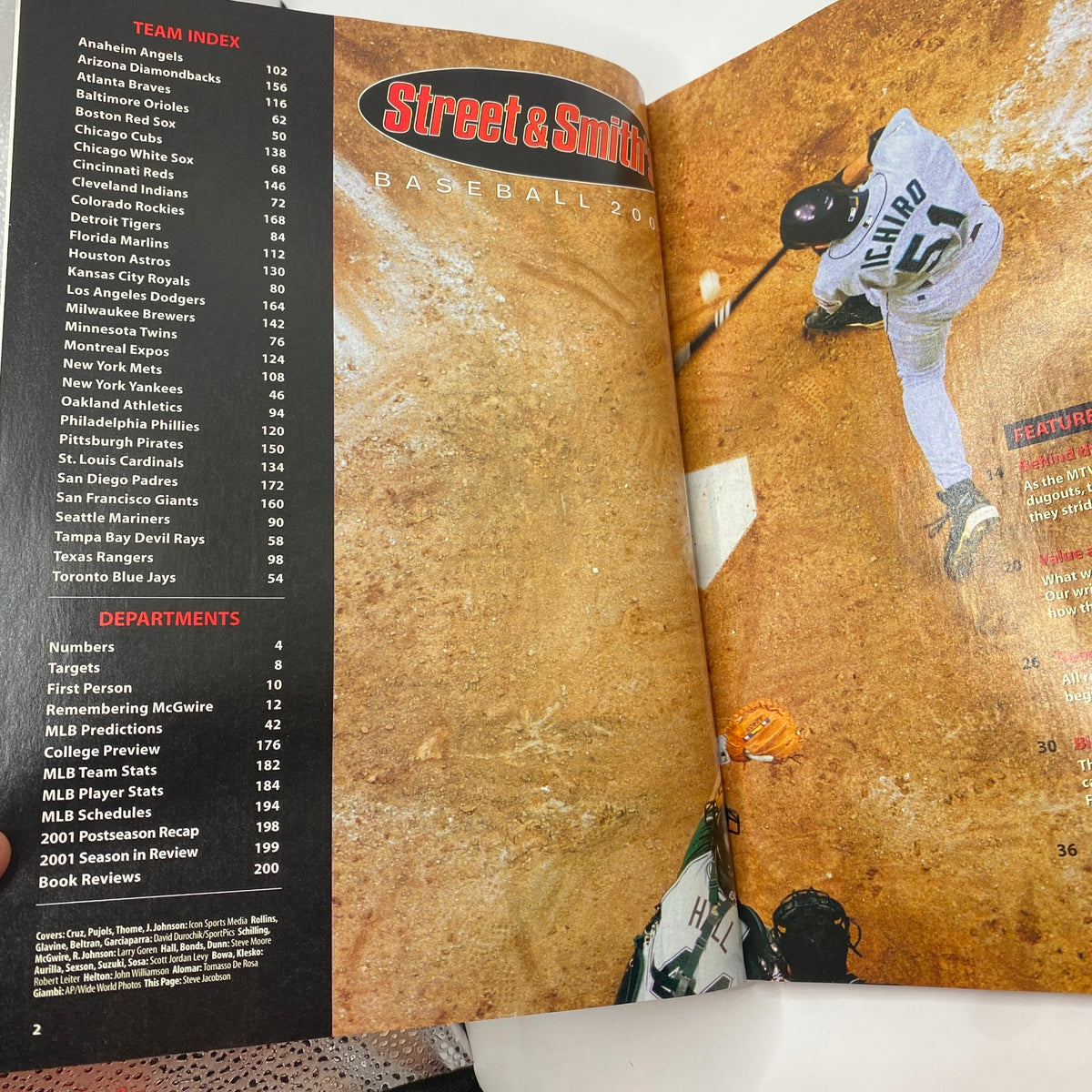 Interior page of Street & Smith's Baseball Magazine 2002 showing team index and early 2000s baseball stats.