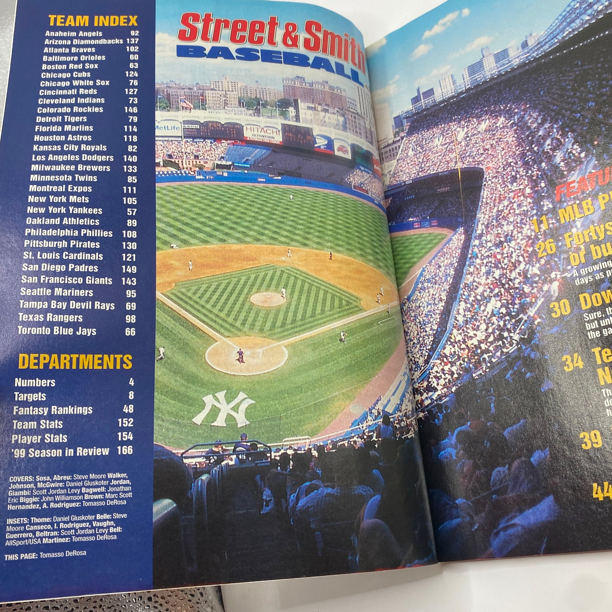 Inside spread of Street & Smith's Baseball Magazine 2000 showing the team index and a panoramic view of a baseball stadium.