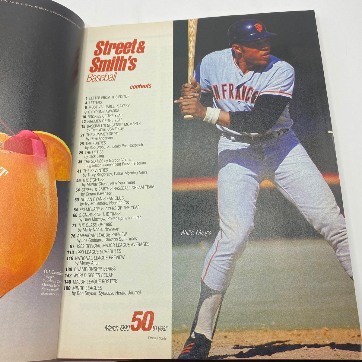 Table of contents from Street & Smith's Baseball Magazine 1990 Collector's Edition featuring notable players including Willie Mays, highlighting the magazine's focus on historical baseball moments.