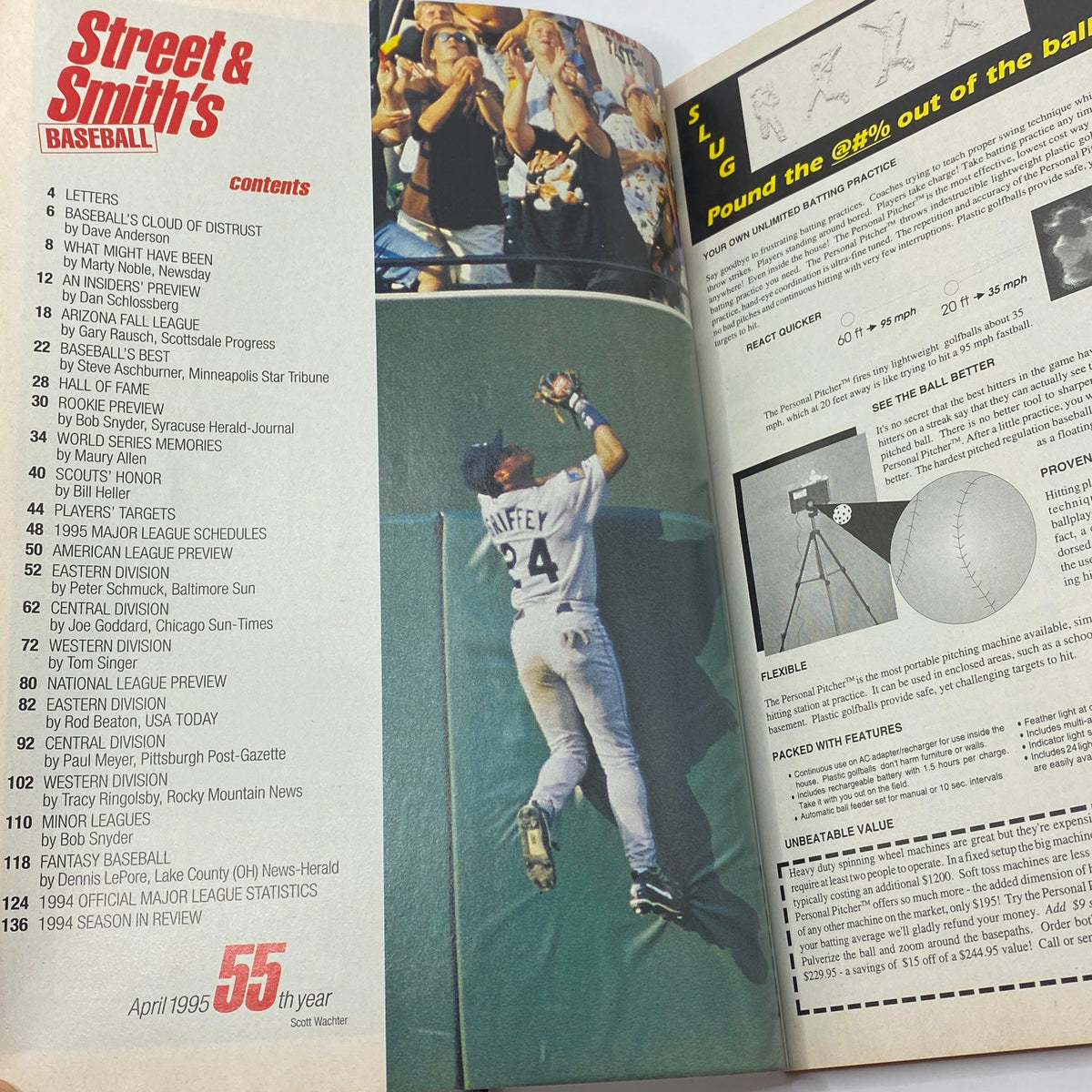 Interior page of Street & Smith's Baseball Magazine 1995 showing contents, featuring player Ken Griffey Jr. catching a baseball and various articles related to baseball statistics, player interviews, and season previews.