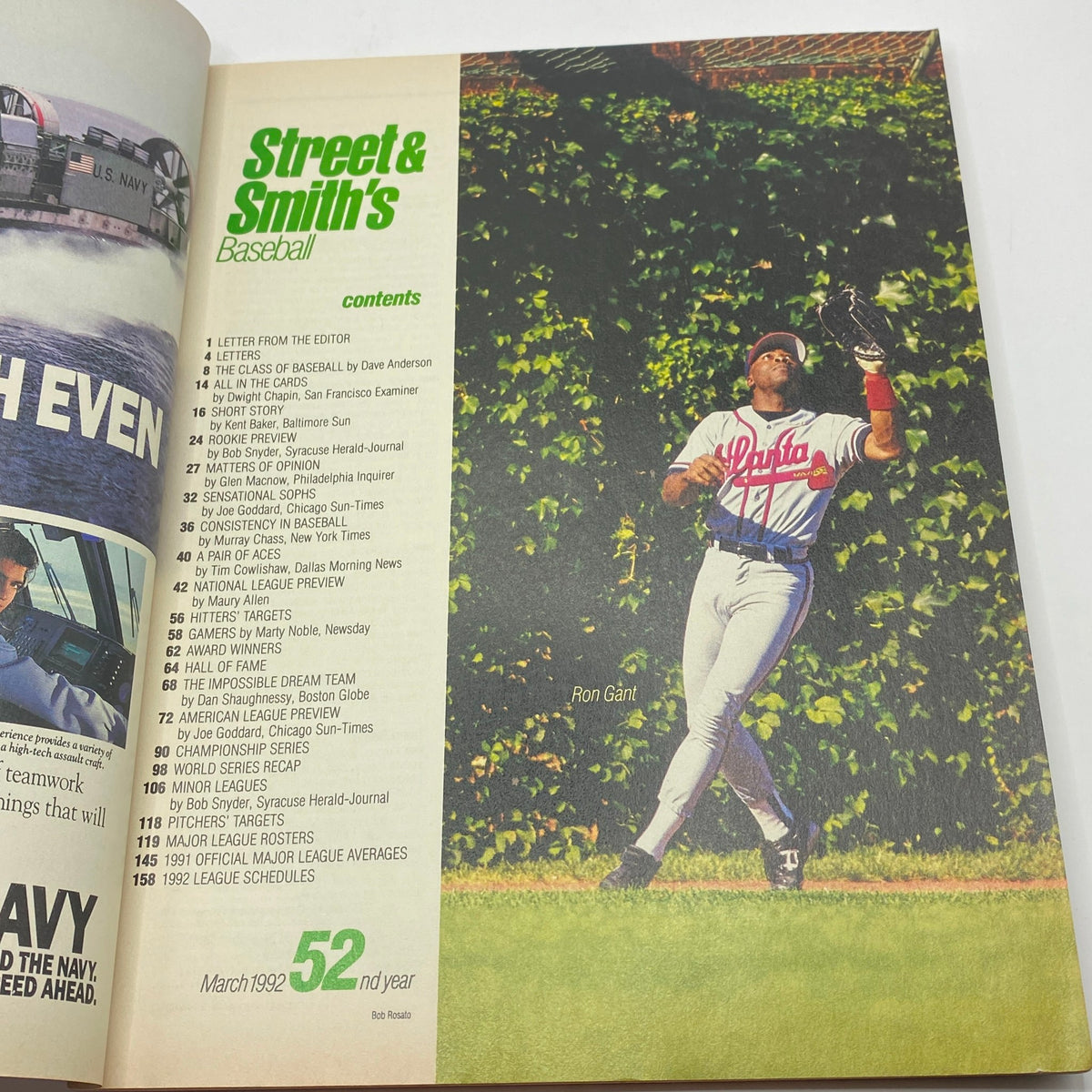 Interior page of Street & Smith's Baseball Magazine 1992 displaying the contents section with articles including 'All in the Cards' and a feature on Ron Gant. The magazine is presented in a vintage style.