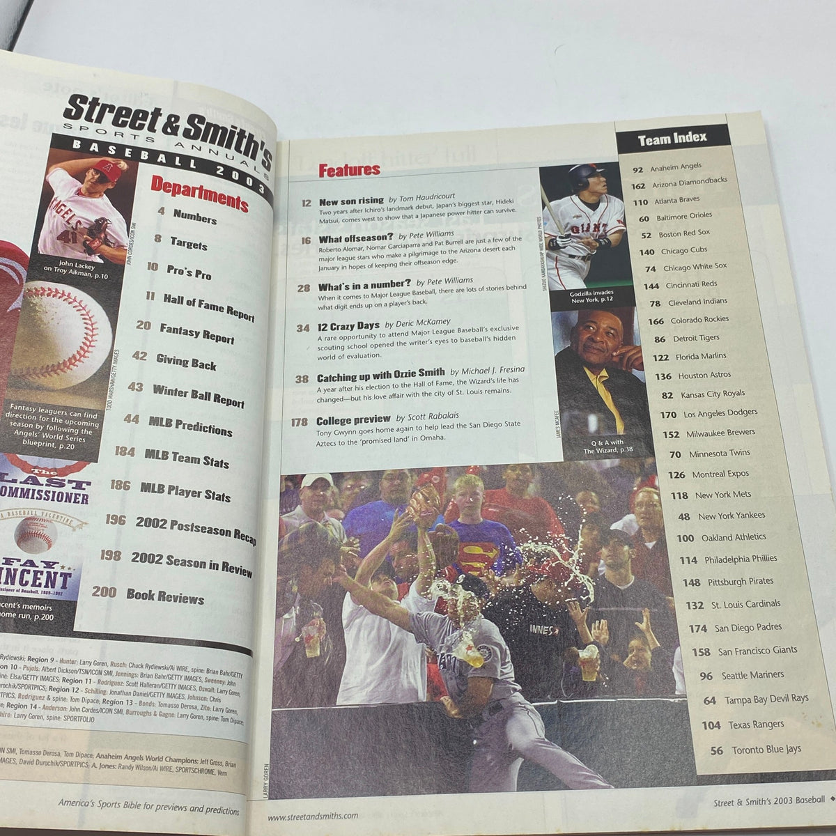 Inside page of Street & Smith's Baseball Yearbook 2003 showcasing team index and features, providing insights into the baseball season.