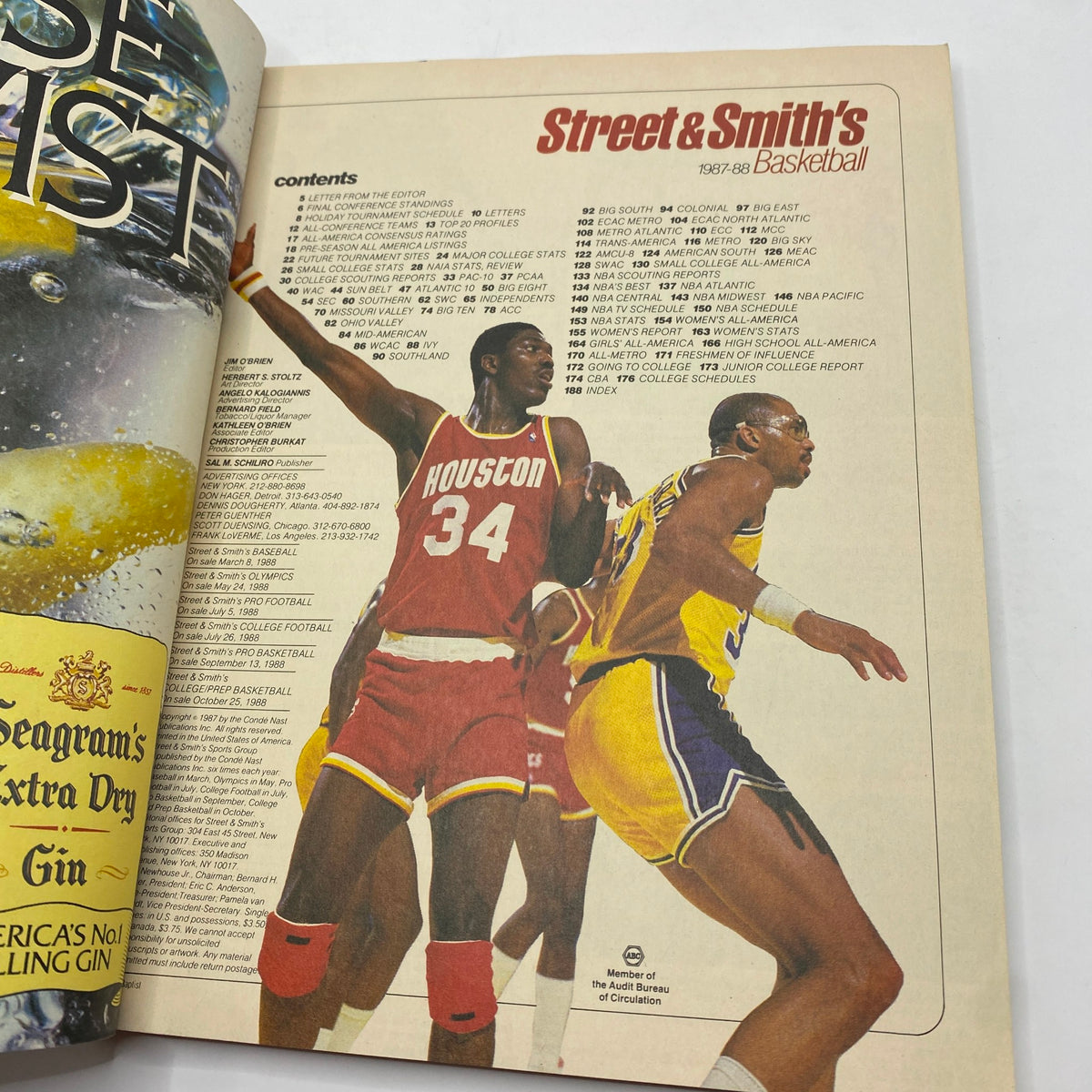 Inside page of Street & Smith's Basketball 1987-1988 displaying the contents list with players and topics relevant to the 1987-88 basketball season, highlighting its value as a collectible magazine.