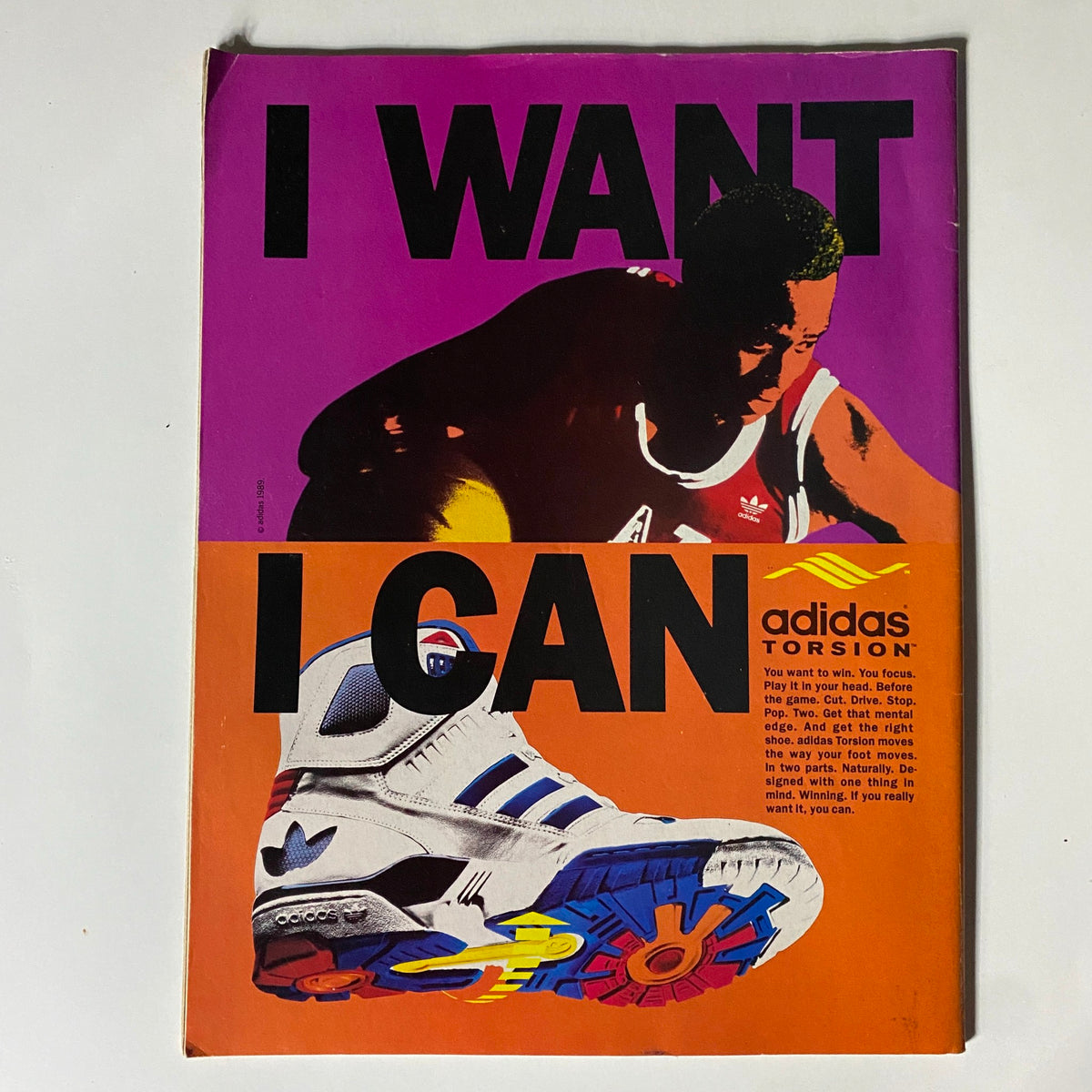 Advertisement from NBA Hoop Magazine Summer 1990 promoting Adidas Torsion shoes, featuring a basketball player in action with bold text stating 'I WANT I CAN'.
