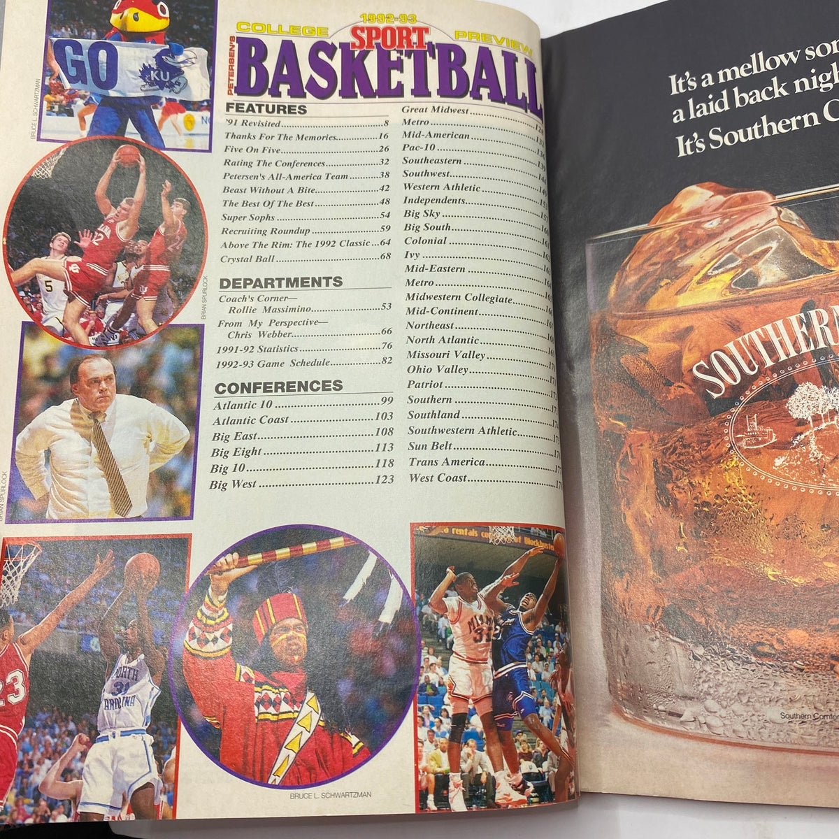 Interior page of Sport Magazine 1992-1993 College Preview Basketball featuring college basketball details, player highlights, and conference information.