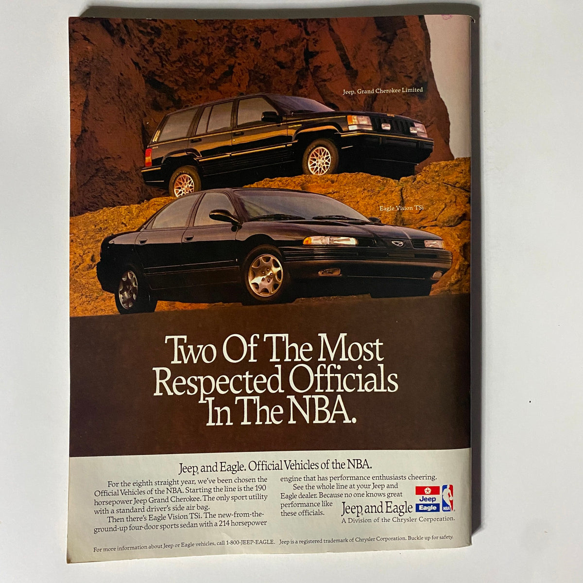 Advertisement for Jeep and Eagle vehicles featured in Sport Magazine 1992-1993 College Preview Basketball, promoting their status as official vehicles of the NBA.