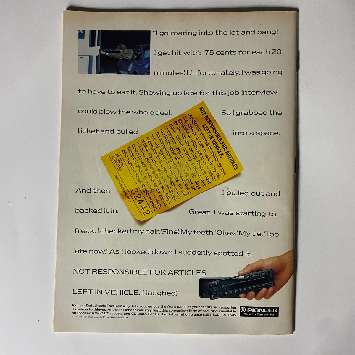 Back cover of the Basketball Digest Magazine 1991-1992 NBA Basketball Preview, featuring a humorous anecdote about an interview experience, alongside a prominent parking ticket and a hand holding a car stereo.