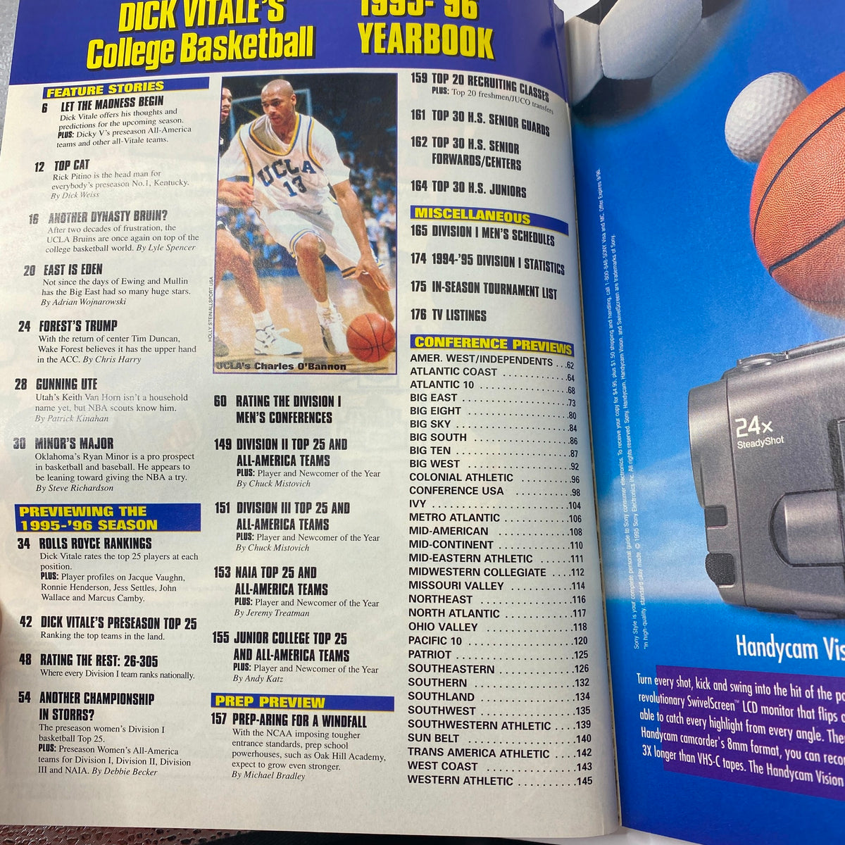 Interior page of Dick Vitale's College Basketball 1995-1996 Preview showcasing features on NCAA players and conference previews, includes notable player Charles O'Bannon.