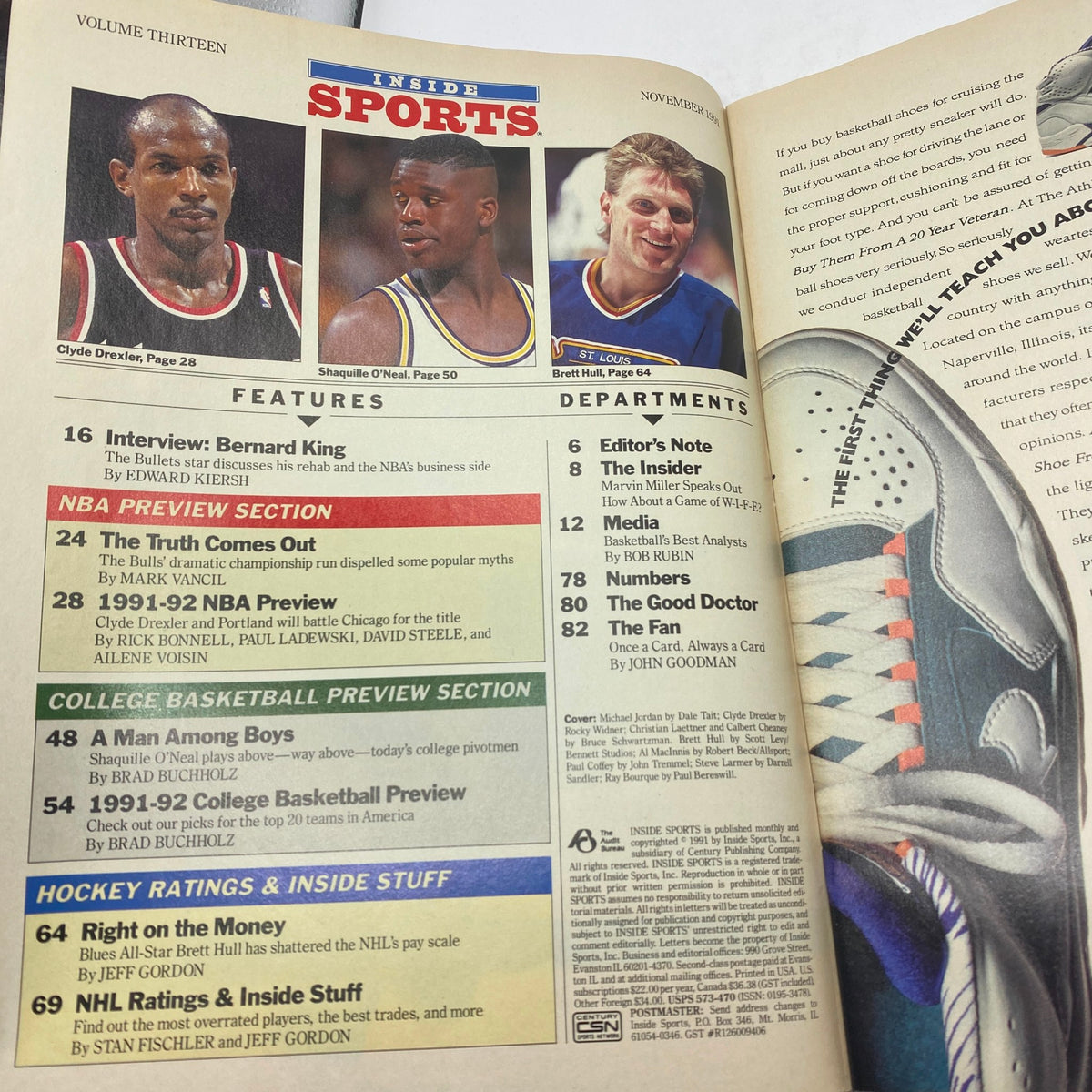 Inside Sports Magazine November 1991 featuring Michael Jordan, Clyde Drexler, and Shaquille O'Neal. This cover showcases key basketball figures from a pivotal period in NBA history, designed for collectors and sports enthusiasts.