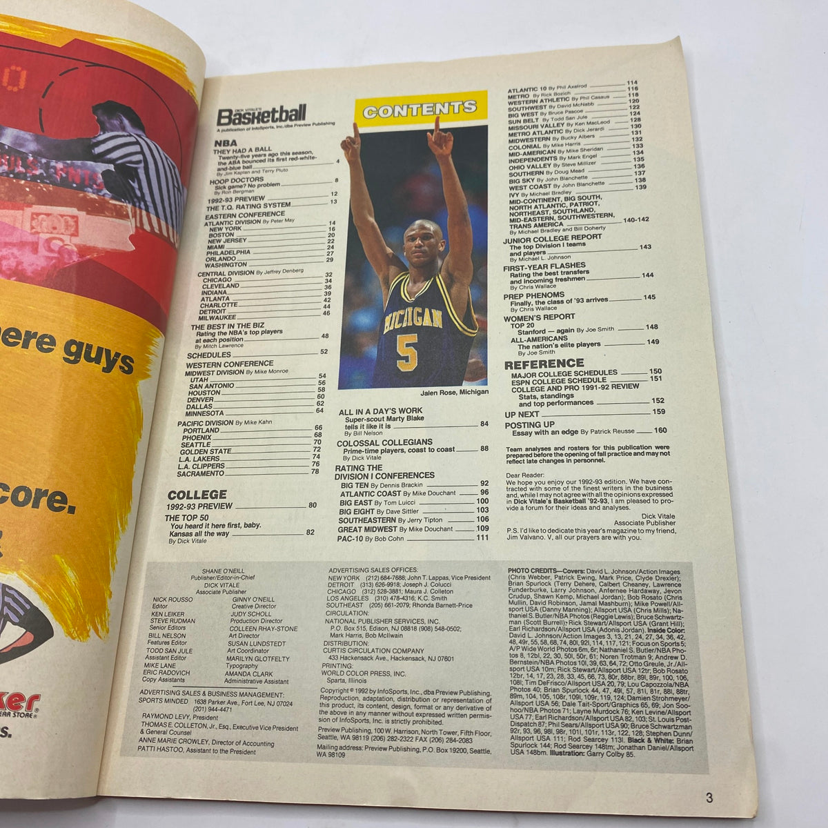 Interior page of Dick Vitale's Basketball Magazine from 1992 showing contents, including an article featuring Jalen Rose, capturing the essence of college and professional basketball.