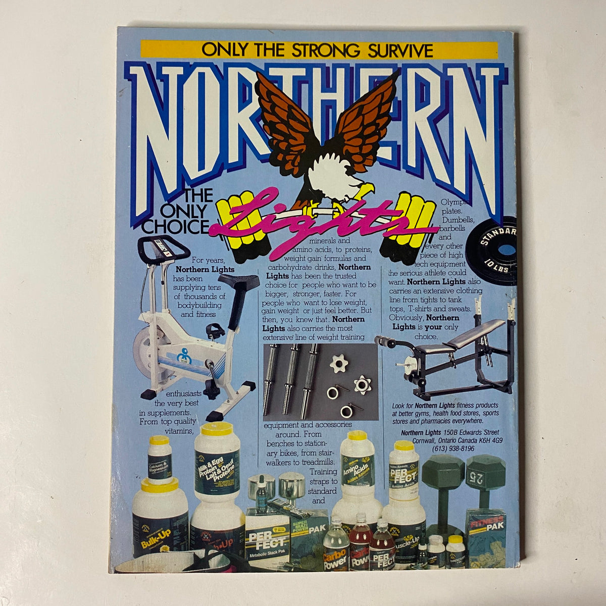 Advert for Northern Lights equipment in MuscleMag International Magazine July 1990 No. 98, featuring fitness products and promoting gym essentials with colorful design.