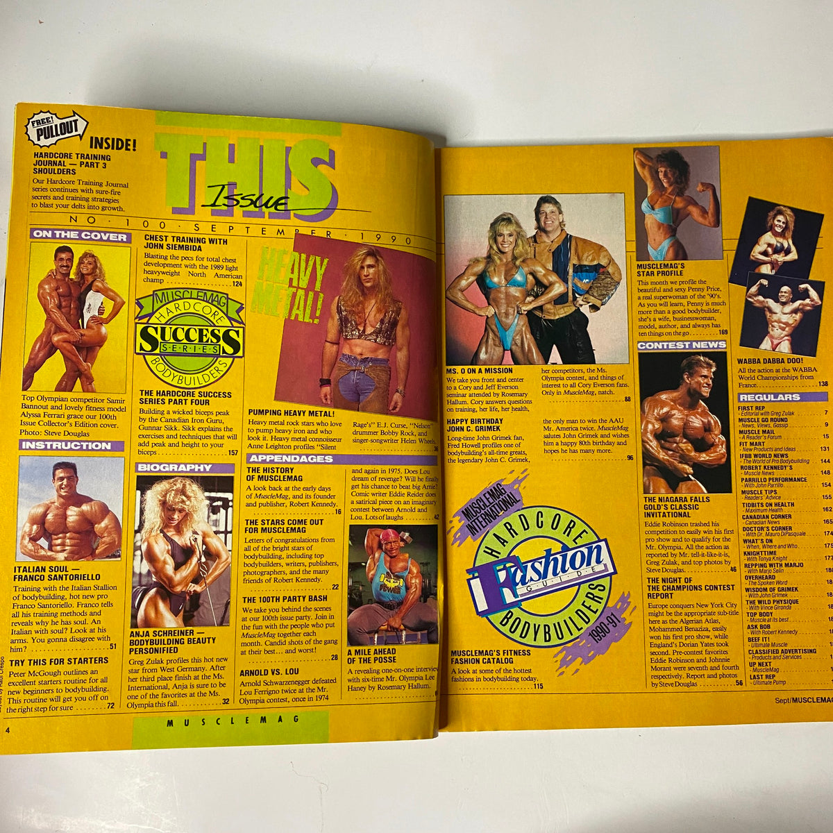 Inside spread of MuscleMag International Magazine September 1990 showcasing articles and contest results, emphasizing bodybuilding events and athlete profiles.
