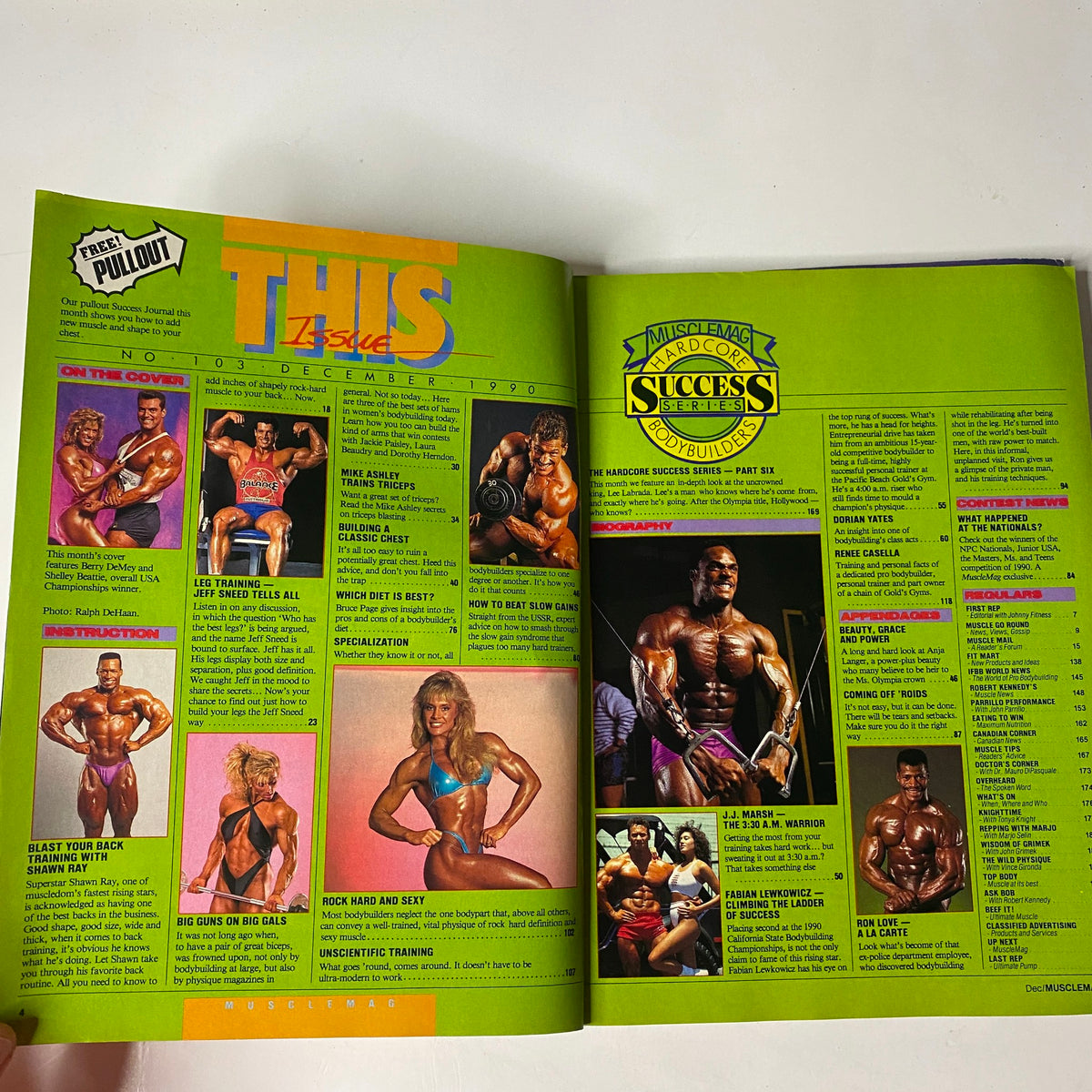 Interior page of MuscleMag International Magazine, December 1990, No. 103 showcasing profiles and topics related to bodybuilding, including a free pullout section.