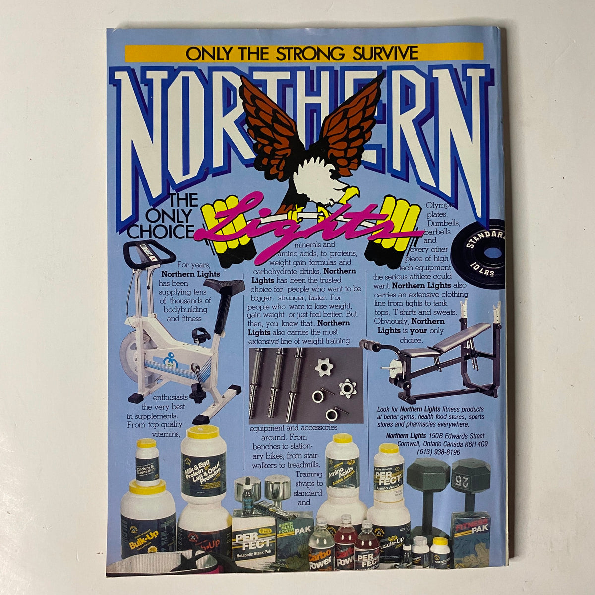 Northern Lights advertising page from October 1990 MuscleMag International Magazine, displaying fitness equipment and supplements with a bold eagle graphic, promoting quality products for bodybuilders.