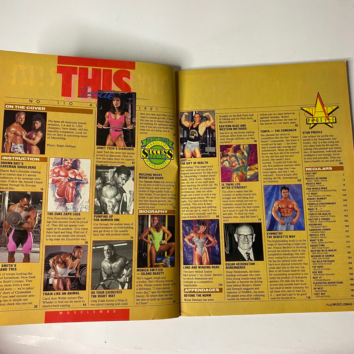 Interior page of MuscleMag International Magazine August 1991 No. 110 highlighting articles, features, and bodybuilding content relevant to fitness enthusiasts.