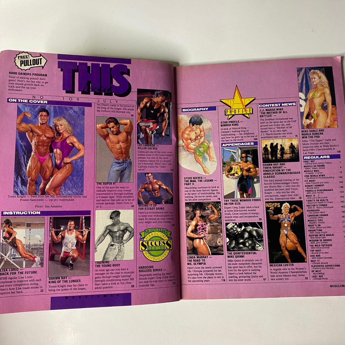 Interior page from MuscleMag International Magazine July 1991 No. 109, displaying articles and images related to bodybuilding, including contests and instructions.
