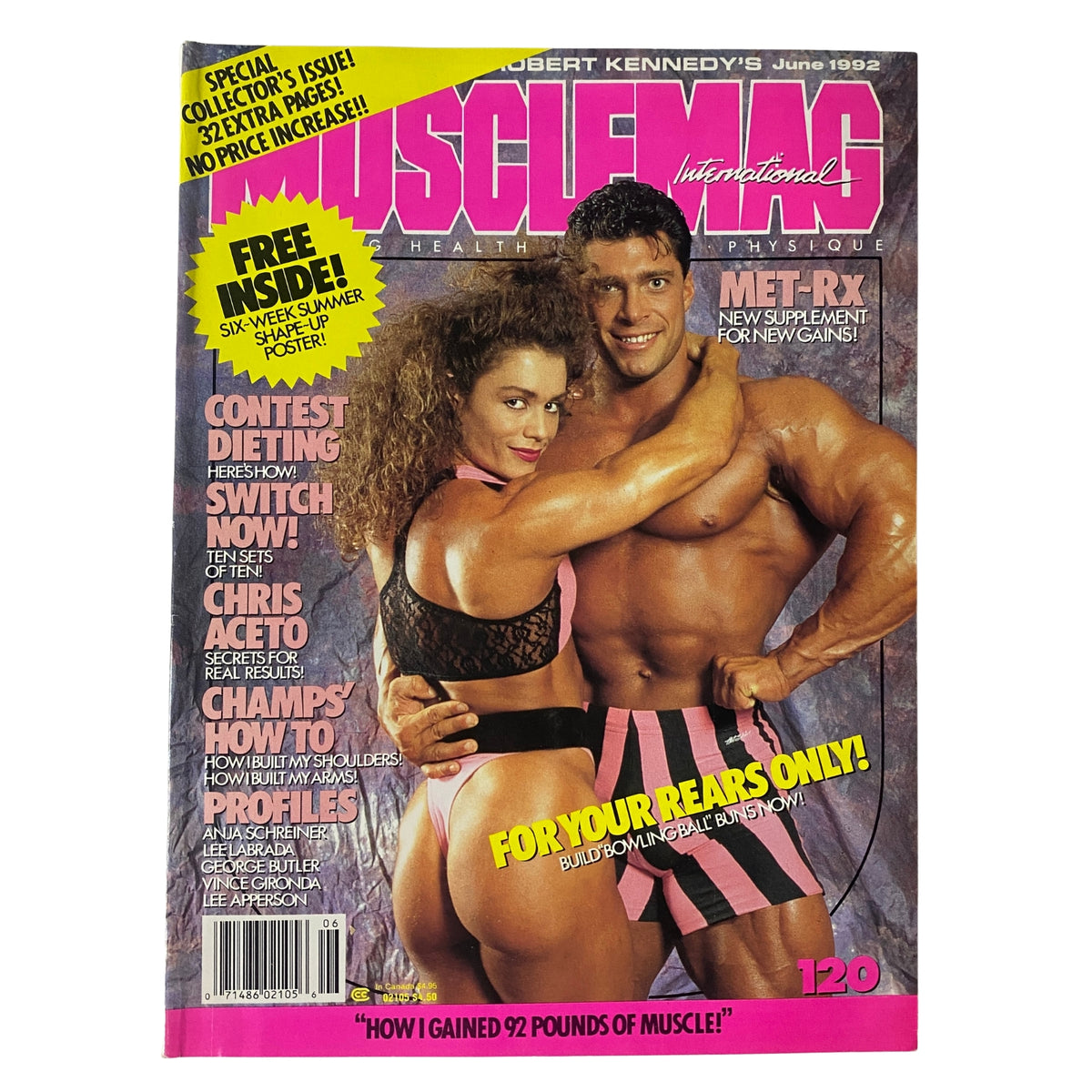 Cover of MuscleMag International Magazine June 1992 No. 120 featuring athletes Bob Cicherillo and Michell Andrea, highlighting bodybuilding with bold text stating 'FOR YOUR REARS ONLY!'