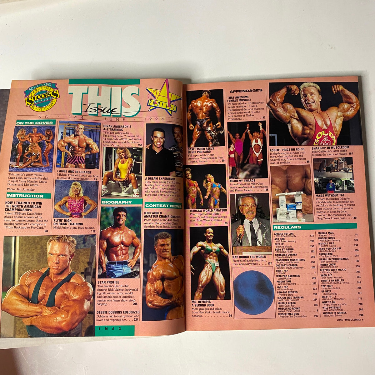 Inside spread from MuscleMag International Magazine June 1994 No. 144 highlighting articles on bodybuilding training, athlete profiles, and fitness tips.