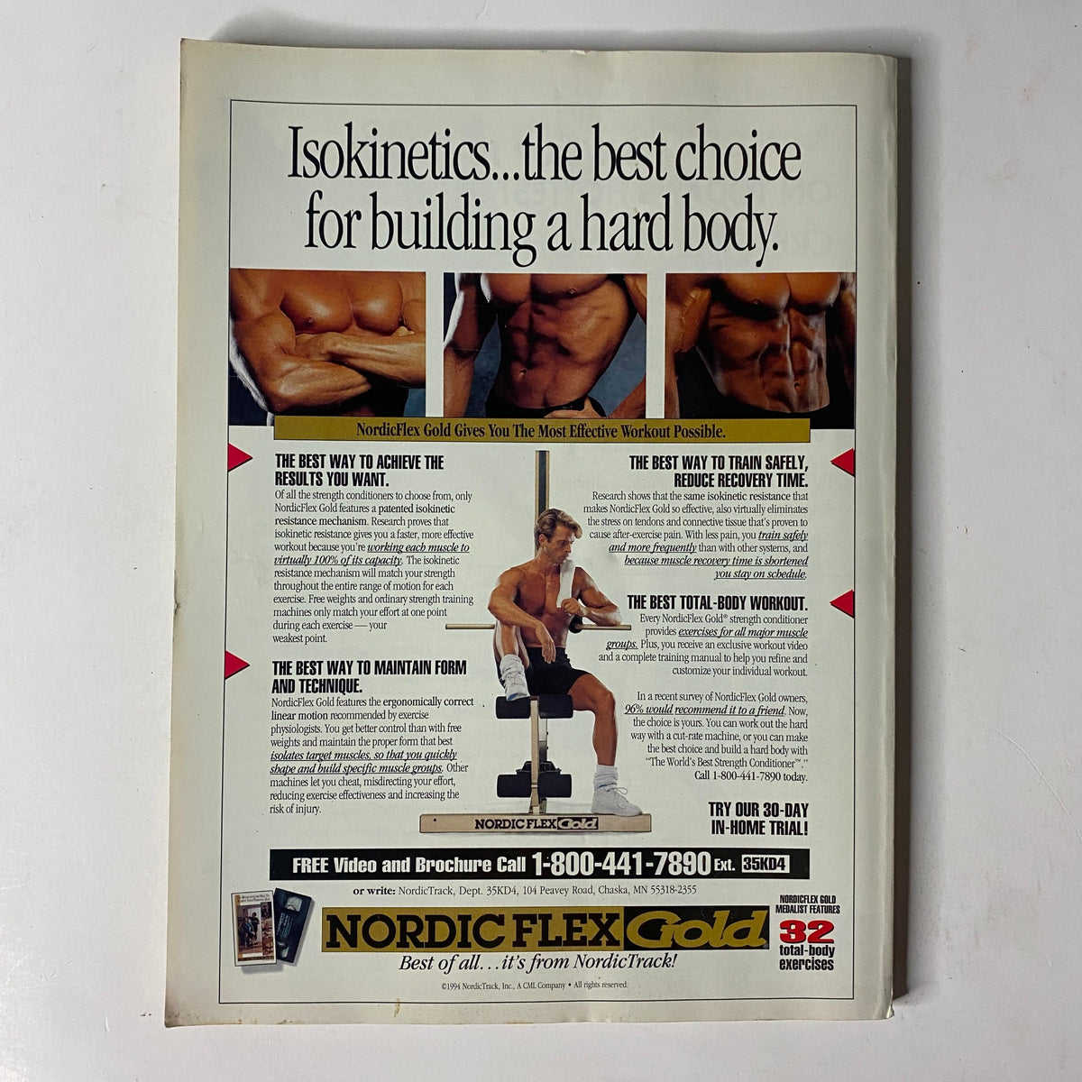 Back cover of MuscleMag International Magazine June 1994 No. 144 featuring an advertisement for Nordic Flex Gold equipment, promoting effective workout solutions.