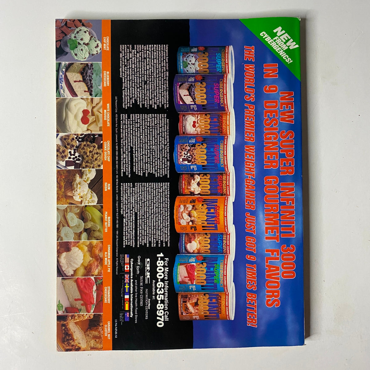 Advertisement for new Super Infinity 3000 weight gain powder flavors in MuscleMag International Magazine November 1994, showcasing various dessert options.