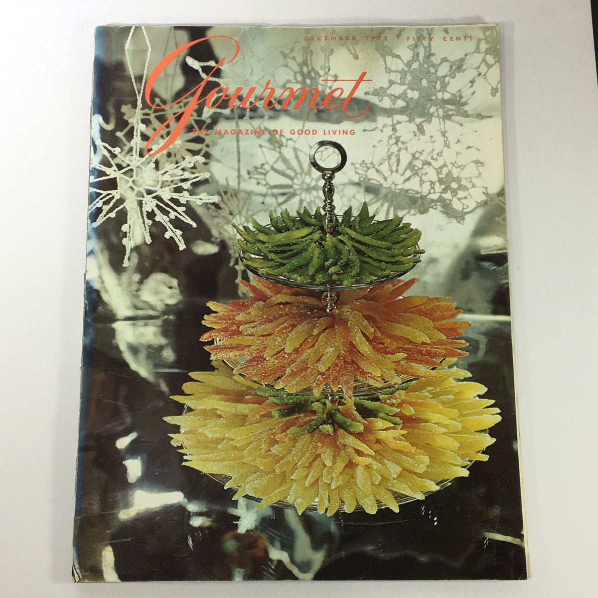 Cover of VTG Gourmet December 1971, featuring a decorative dessert display, representing the theme 'Christmas in Cornwall'.