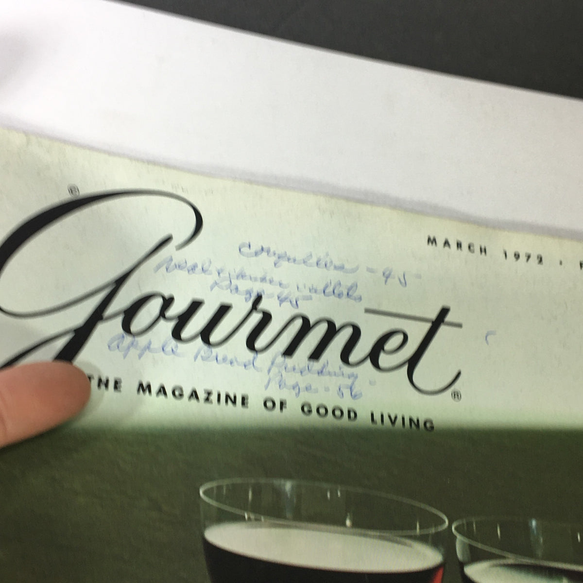 Cover of VTG Gourmet Magazine, March 1972 edition featuring the title and hand-written notes, showcasing a sophisticated design and vintage aesthetic.