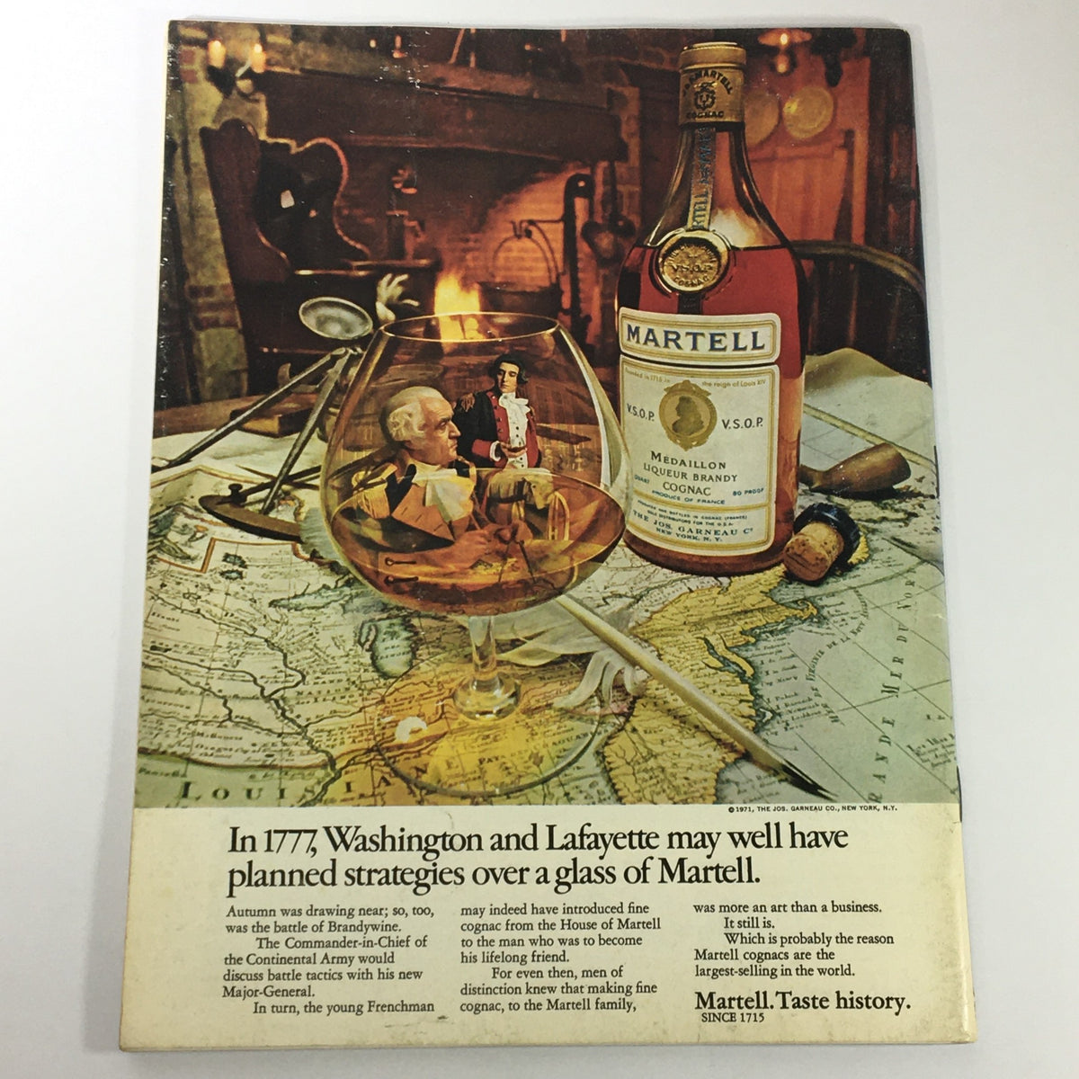 Back cover of VTG Gourmet The Magazine of Good Living February 1972 featuring an artistic depiction of Martell brandy, illustrating historical connections to wine.