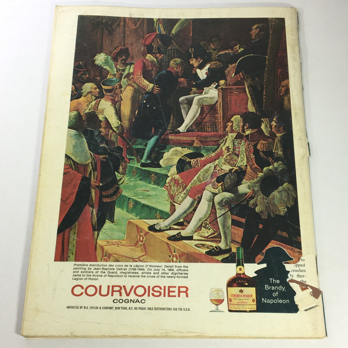 Back cover of VTG Gourmet: The Magazine of Good Living November 1971 showcasing an artistic advertisement for Courvoisier Cognac, depicting a historical scene with Napoleonic figures, merging culinary culture and fine spirits.