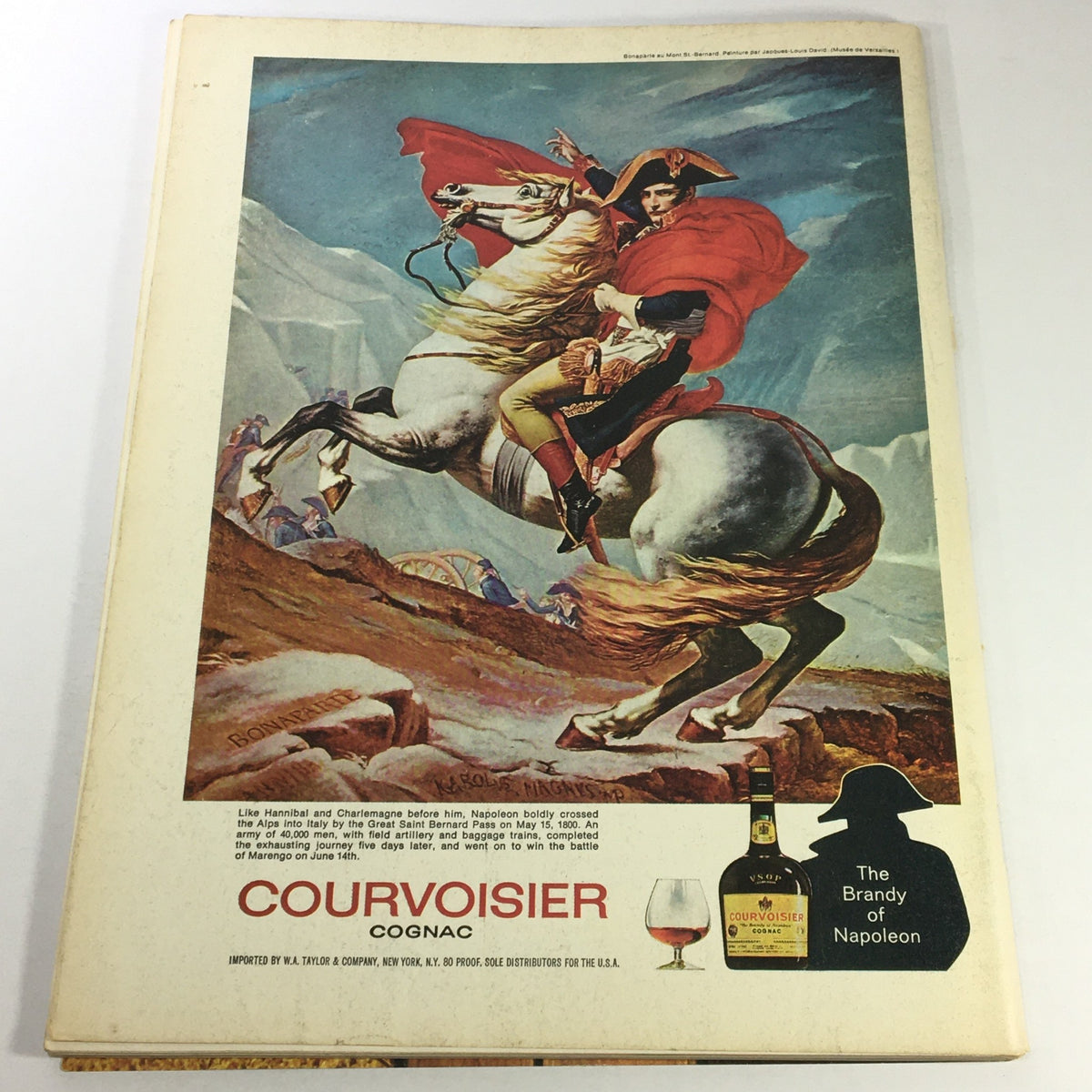 Back cover of VTG Gourmet The Magazine of Good Living November 1972 showcasing an advertisement for Courvoisier Cognac with an artistic depiction of Napoleon on horseback.
