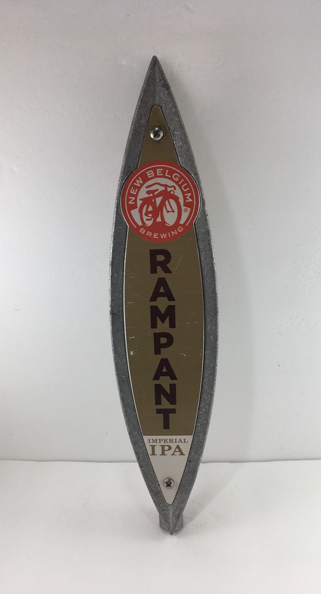 Vintage New Belgium Brewing Rampant Imperial IPA 11" Beer Tap Handle showcasing a sleek, elongated design with a gold and red color scheme, perfect for collectors and beer enthusiasts.