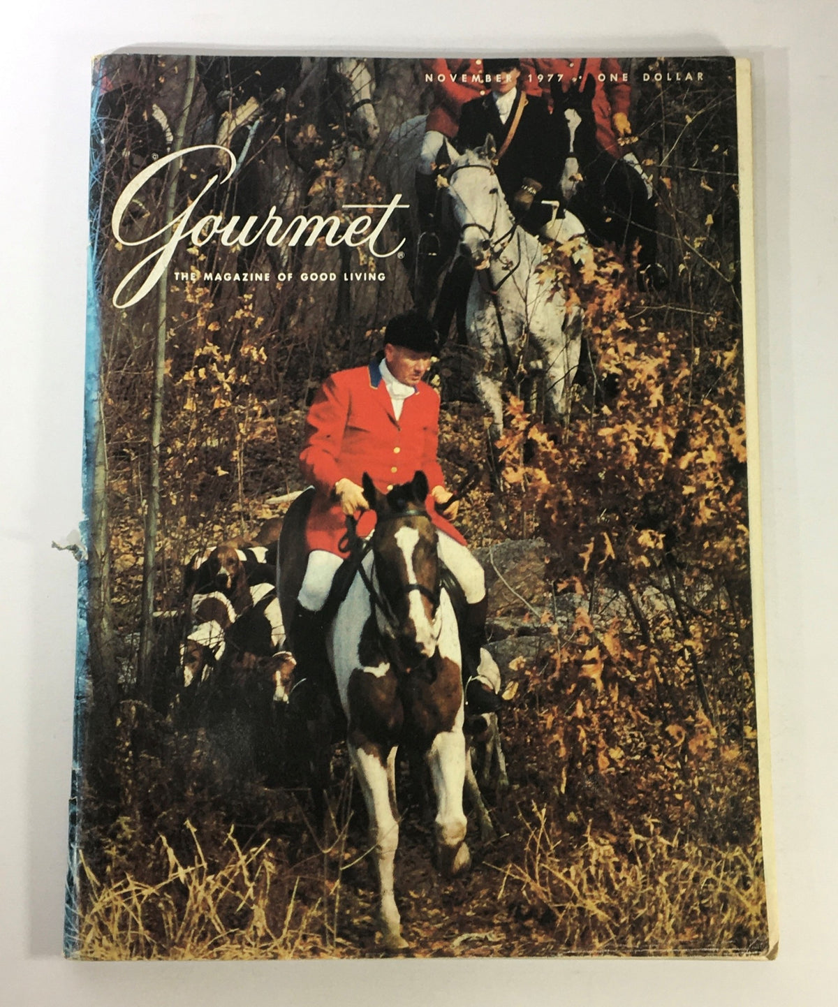 Cover of VTG Gourmet The Magazine of Good Living November 1977 featuring a rider in red coat on horseback through autumn foliage.
