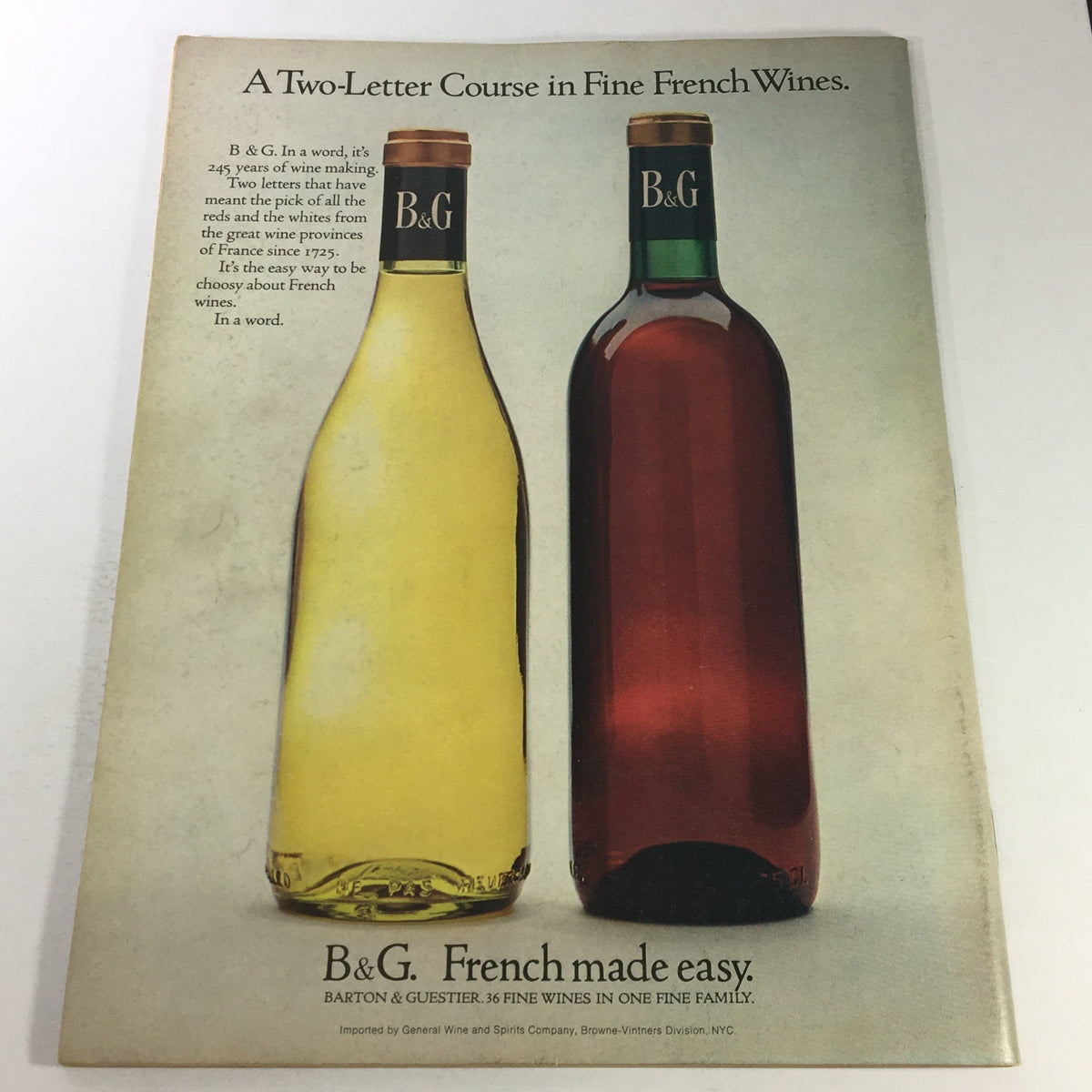 Back cover of VTG Gourmet The Magazine of Good Living March 1970 displaying an advertisement for B&G French wines, emphasizing fine wine selection and expertise.