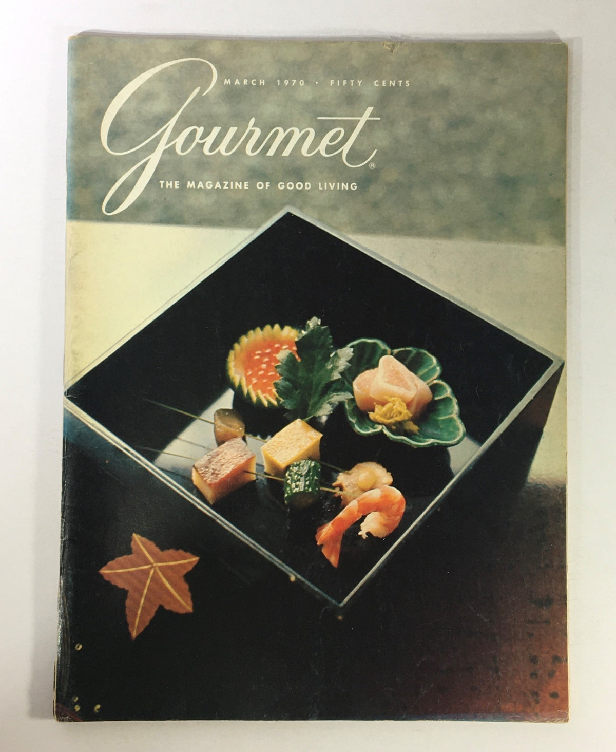 Cover of VTG Gourmet The Magazine of Good Living March 1970 featuring a Japanese tea ceremony theme with traditional food presentation.