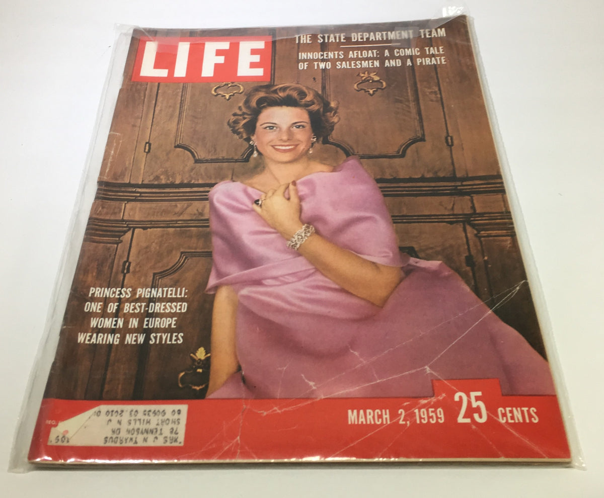 Cover of VTG Life Magazine March 2, 1959 featuring Princess Luciana Pignatelli, showcasing her elegance in a pink gown with the headline about her being one of the best-dressed women in Europe.