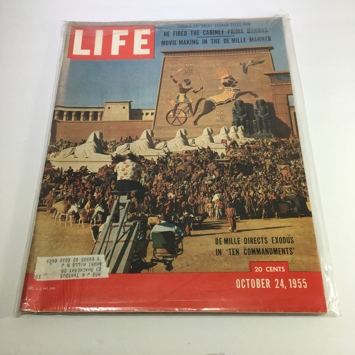 Vintage Life Magazine cover from October 24, 1955, featuring a scene from Cecil B. De Mille's film 'The Ten Commandments', showcasing a large crowd and historical set design.