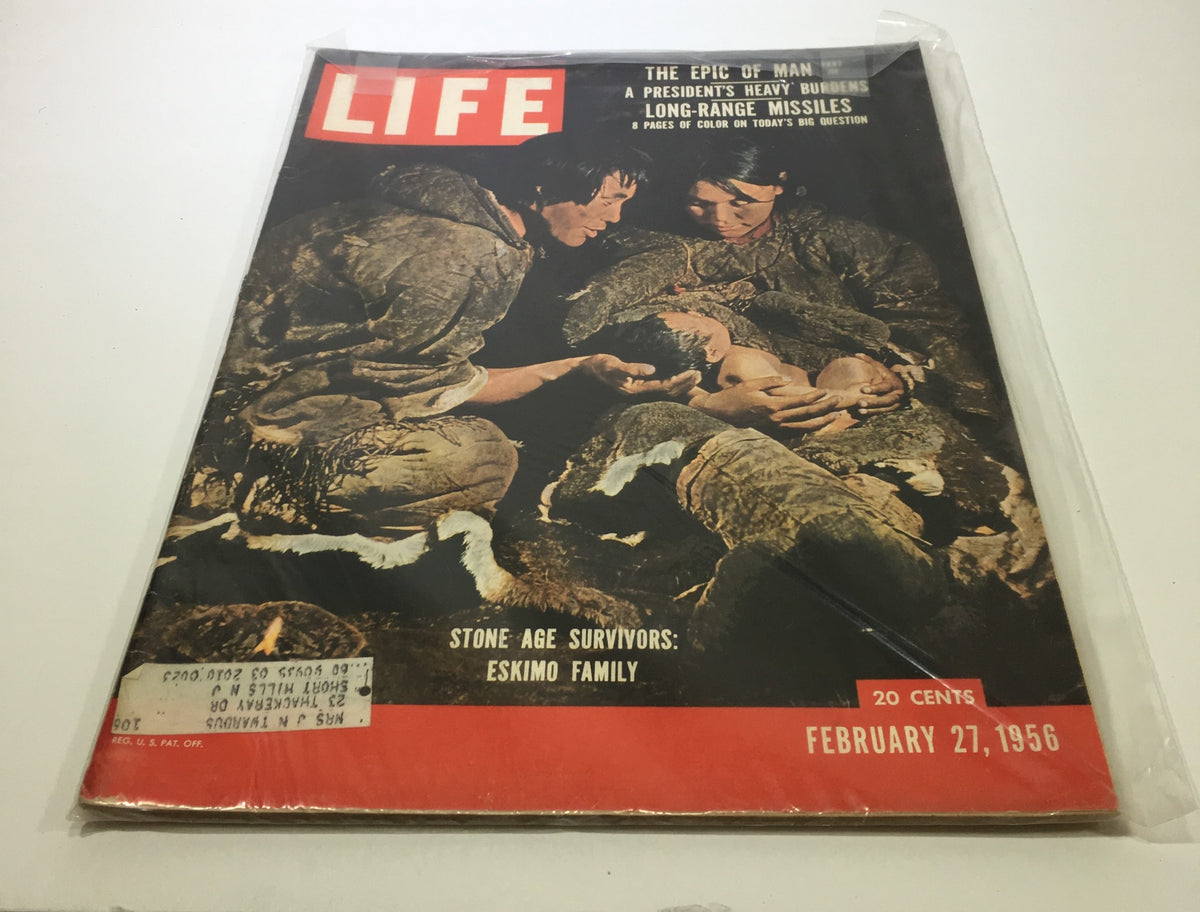 Vintage Life Magazine cover from February 27, 1956, titled 'Stone Age Survivors / Eskimo Family,' showcasing an Eskimo family with a captivating illustration, perfect for collectors of historical magazines.