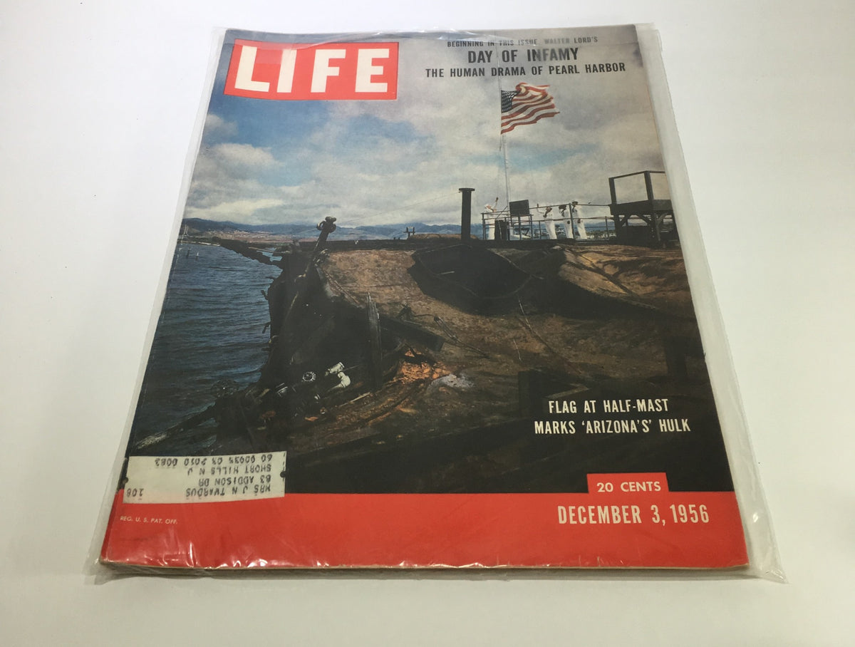 Cover of VTG Life Magazine December 3 1956 featuring a flag at half-mast in Arizona, commemorating Hulk Day Infamy. The cover displays dramatic imagery related to Pearl Harbor with the headline 'DAY OF INFAMY'.