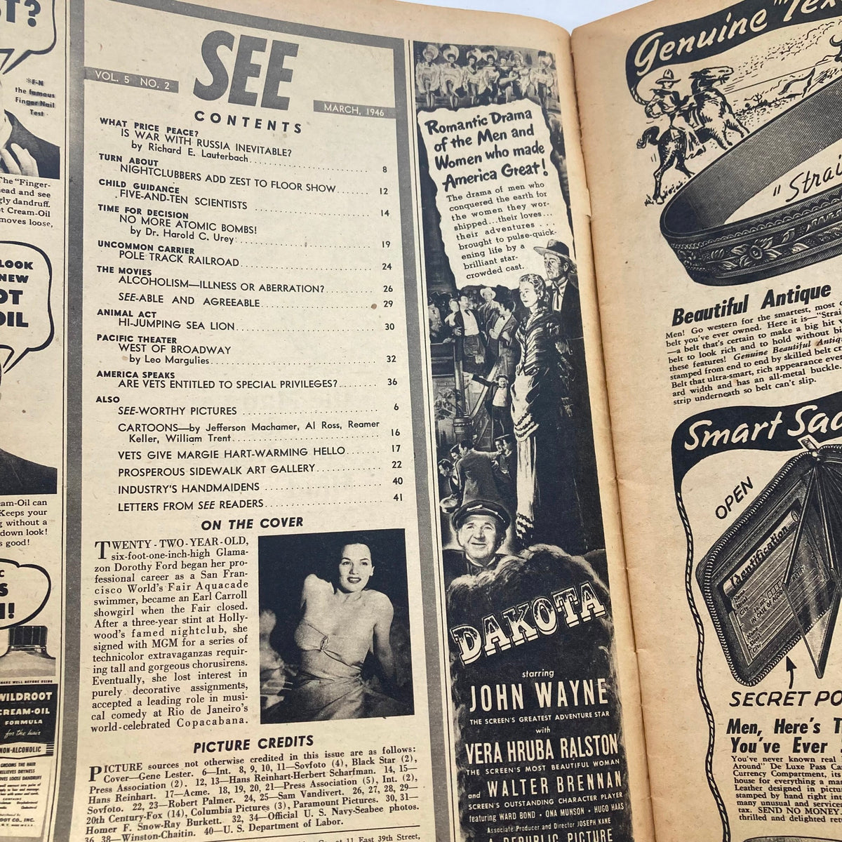 Inside contents page of VTG See Magazine March 1946, Volume 5, Number 2, showcasing articles, ads, and features from the 1940s.