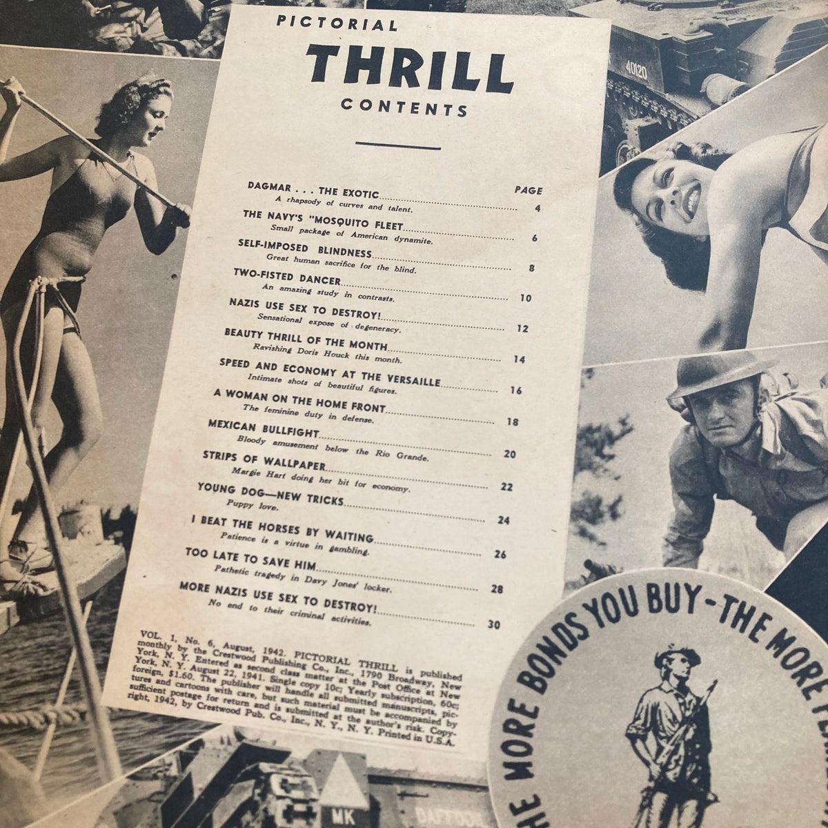 Contents page of the VTG Pictorial Thrill Magazine August 1942, listing articles including Dagmar's feature, Navy stories, and various entertainment topics from the era.